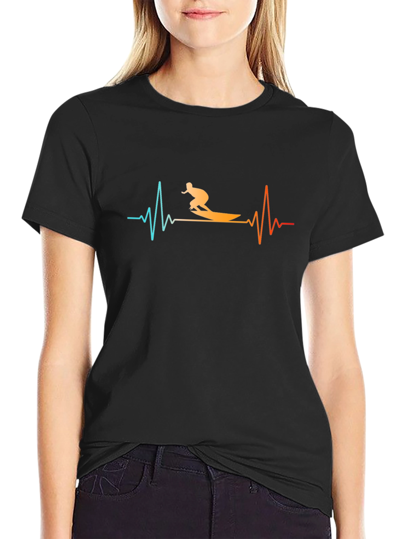 Surfing Heartbeat Black T-Shirt - 2