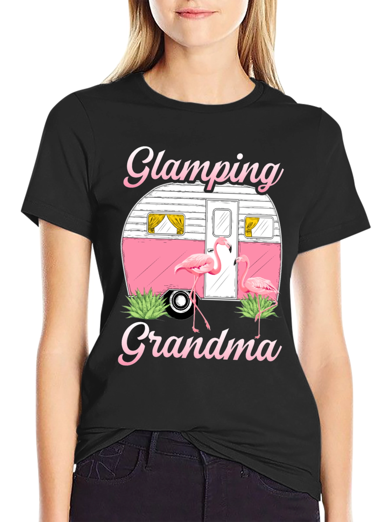 Black Glamping Grandma Flamingo T-Shirt view 2