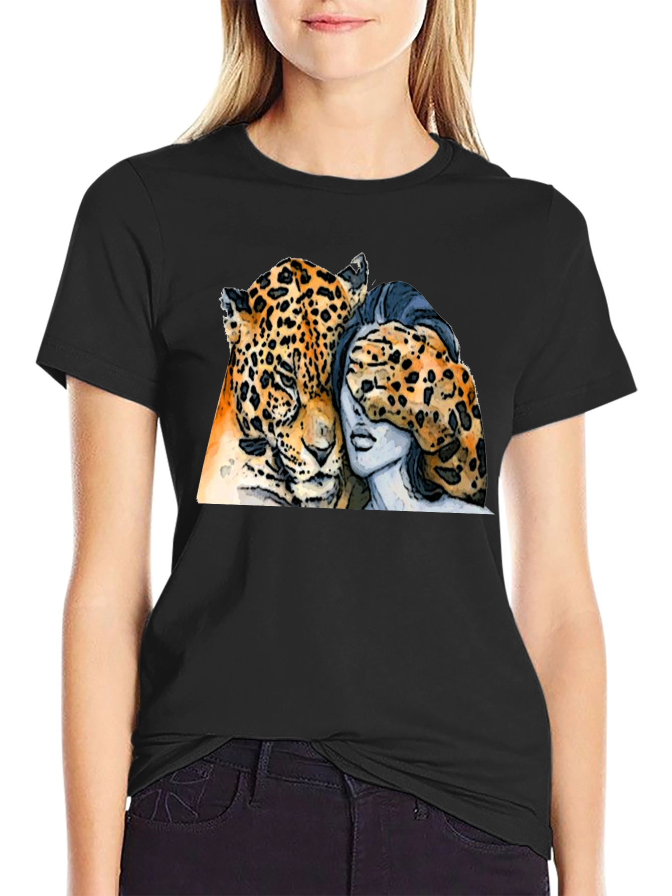 Black Jaguar and Woman Graphic Print Black T-Shirt view 2