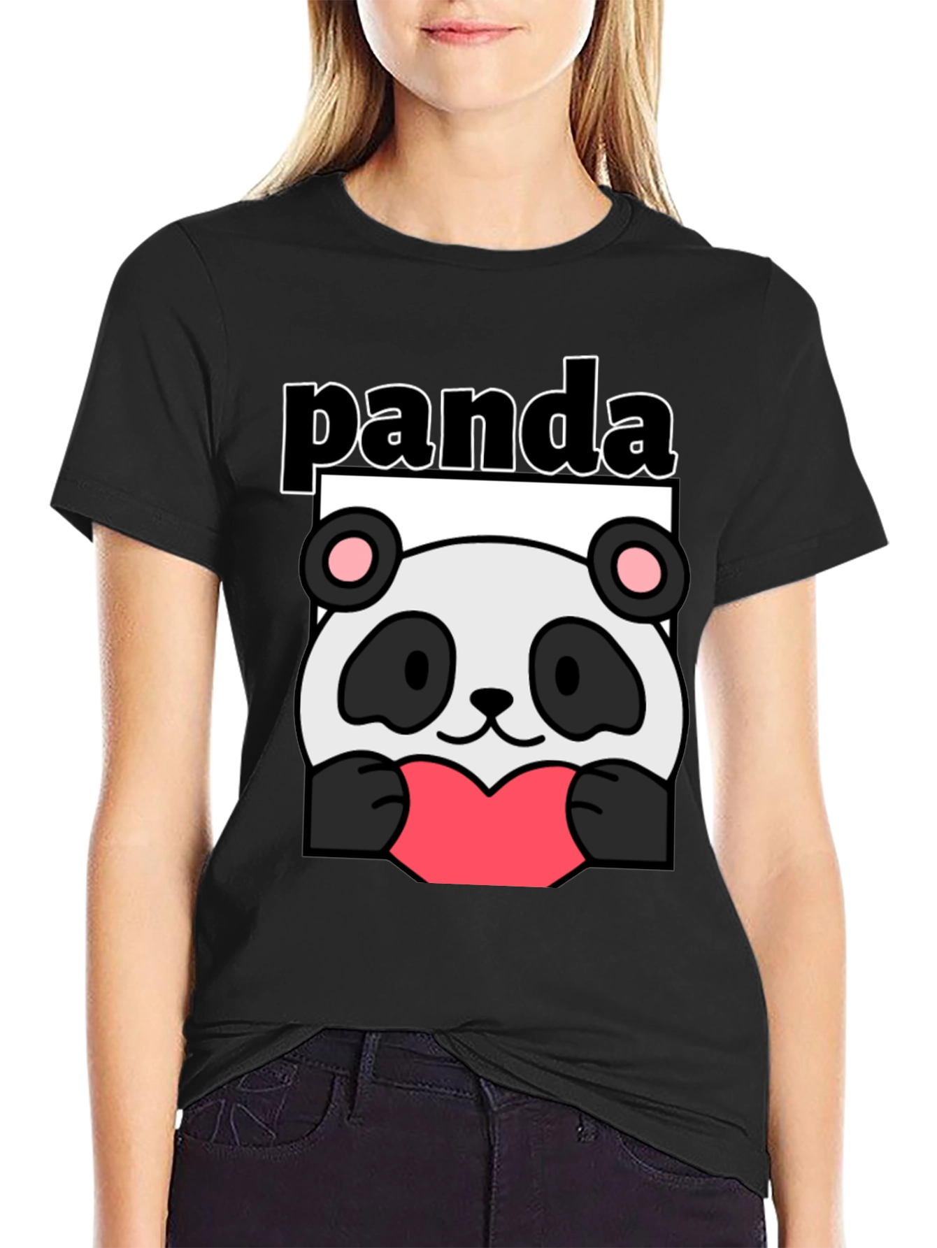 Black Cute Panda Heart Graphic Black T-Shirt view 2
