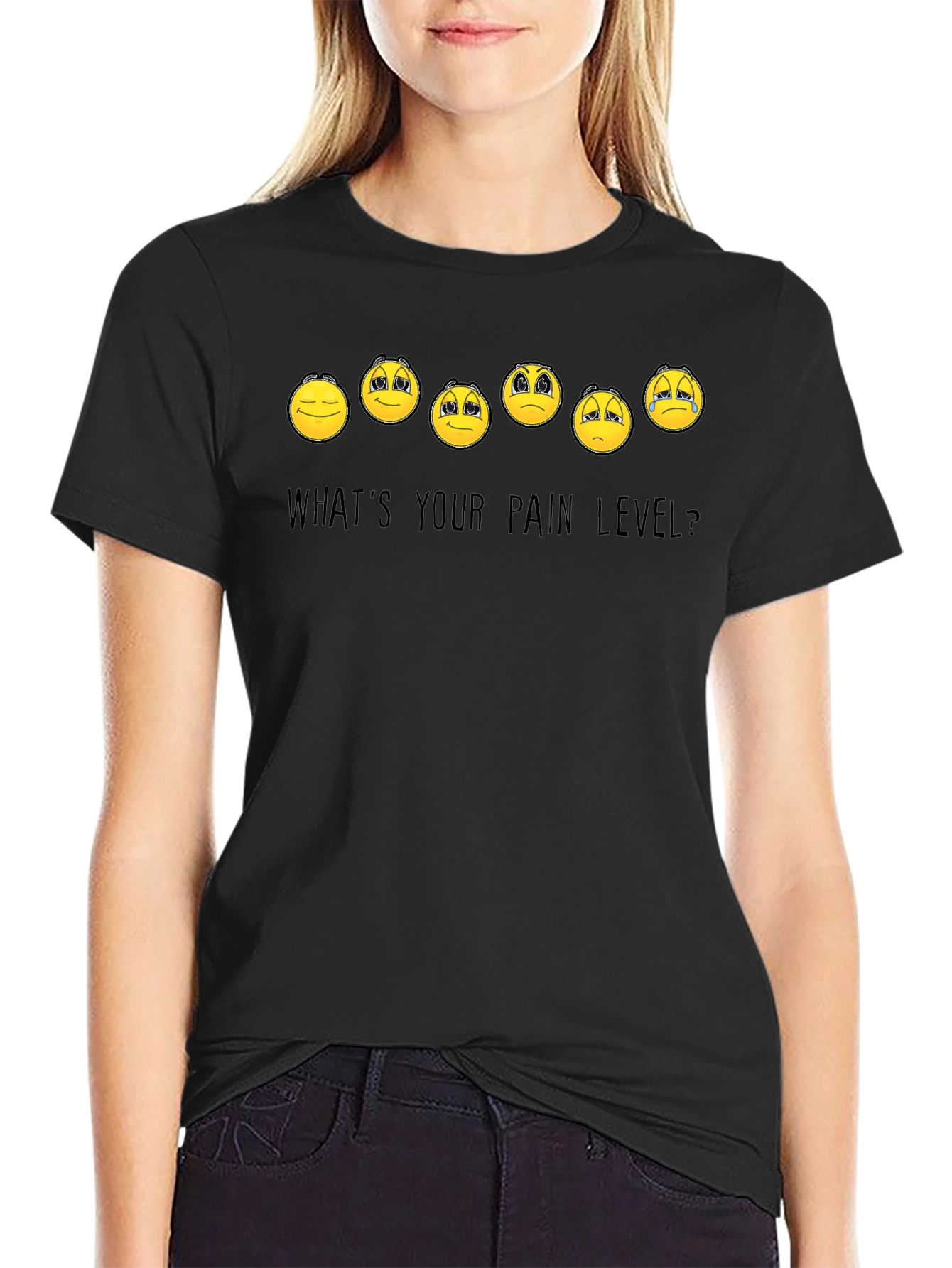 Black Pain Level Emoji Graphic T-Shirt view 2