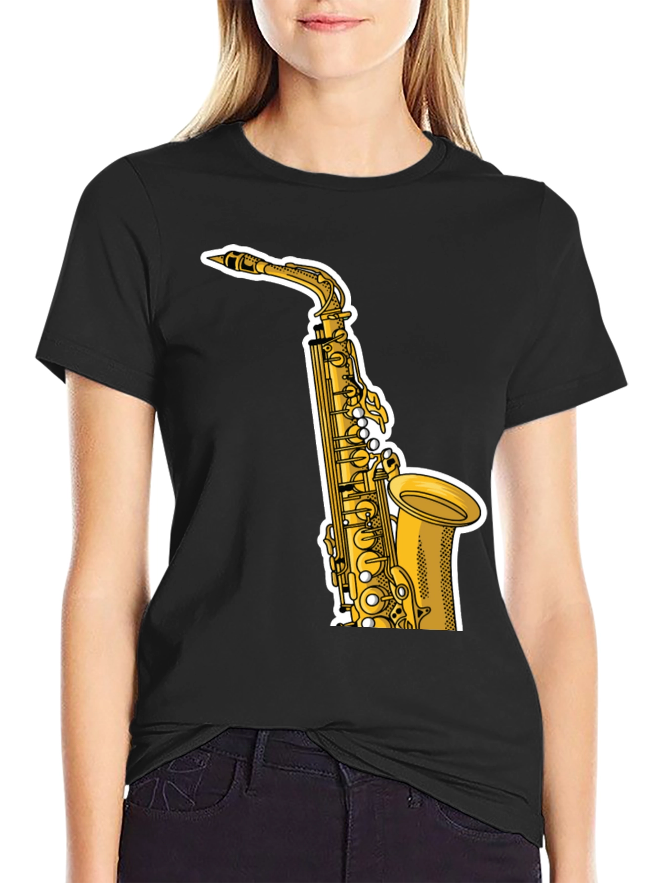 Black Saxophone Graphic Tee - Black Cotton T-Shirt view 2
