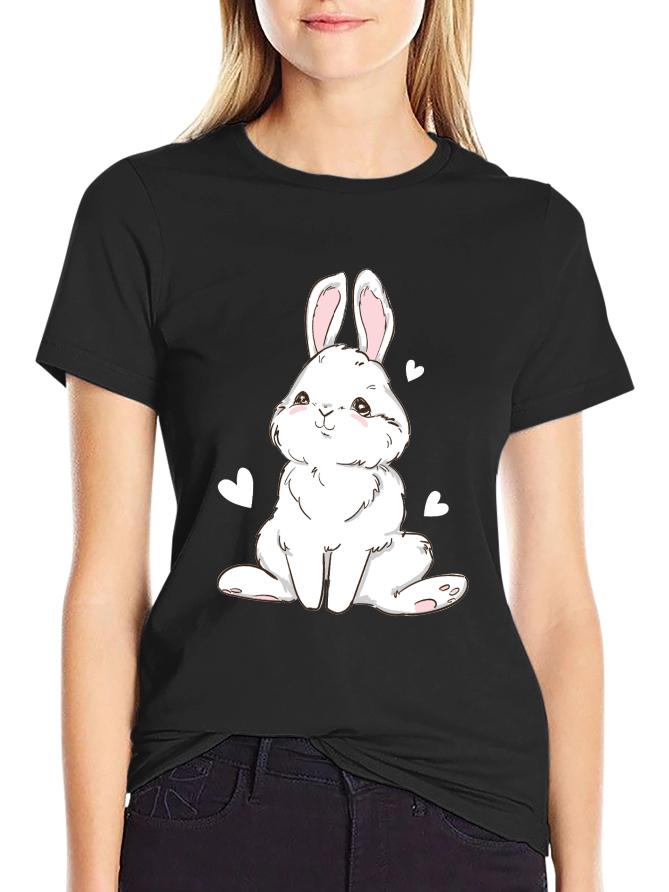 Black Cute Bunny Graphic Tee - Black Cotton Blend T-Shirt view 2