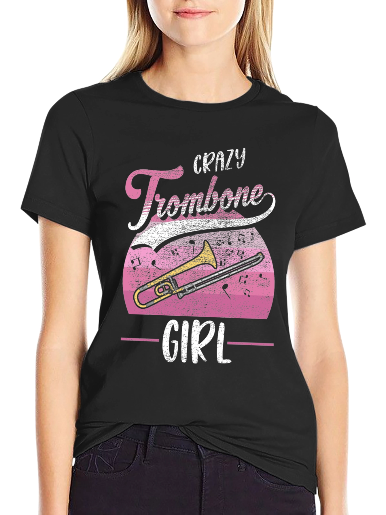 Black Crazy Trombone Girl T-Shirt - Music Lover Tee view 2