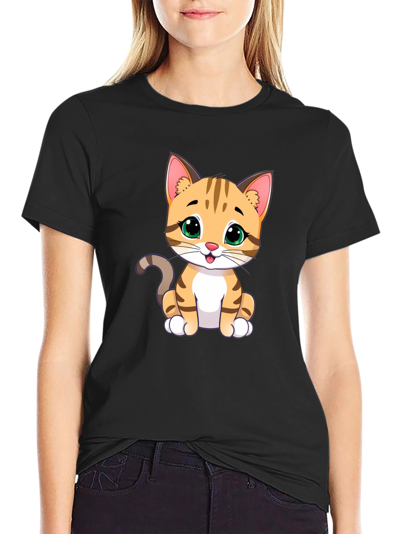 Black Cute Cartoon Cat Graphic T-Shirt view 2