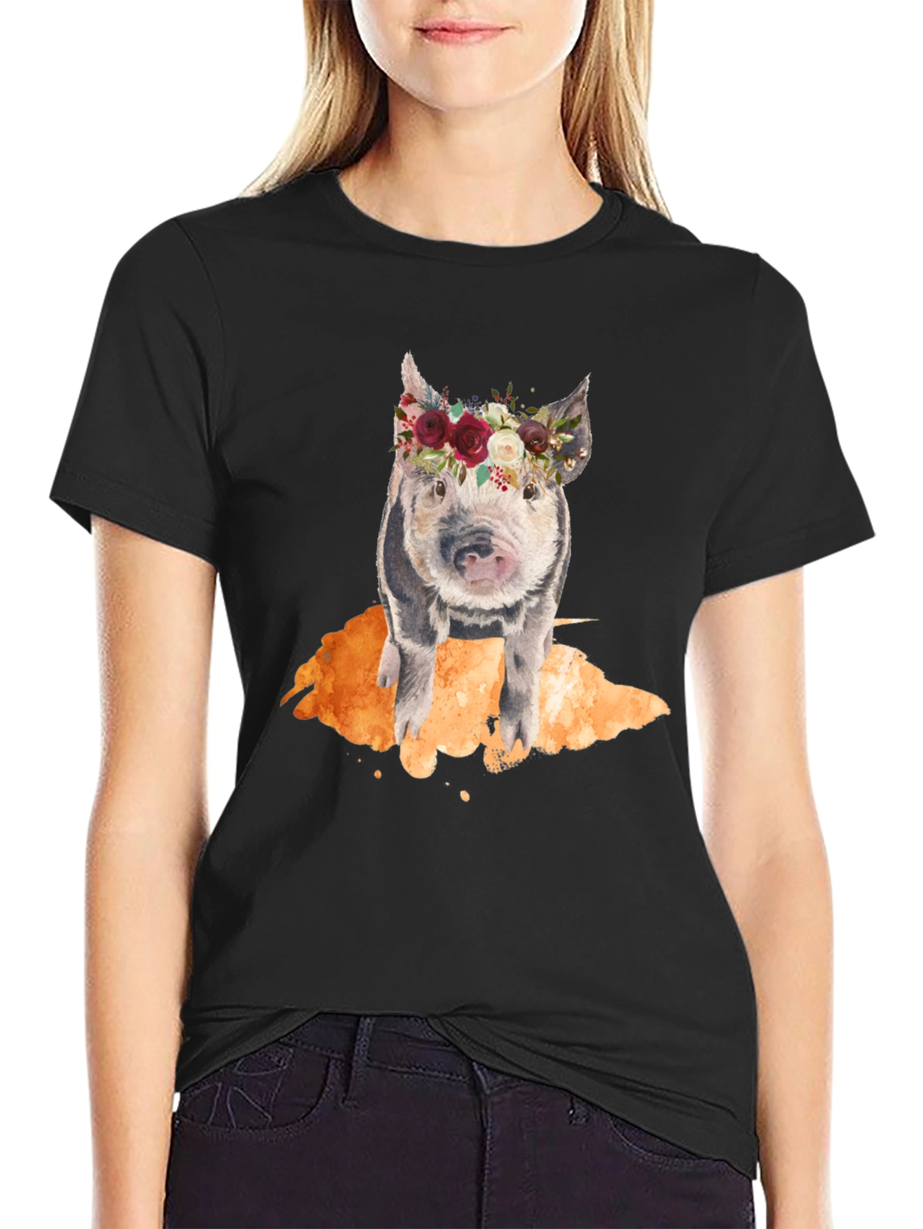Black Floral Crown Pig Black T-Shirt view 2