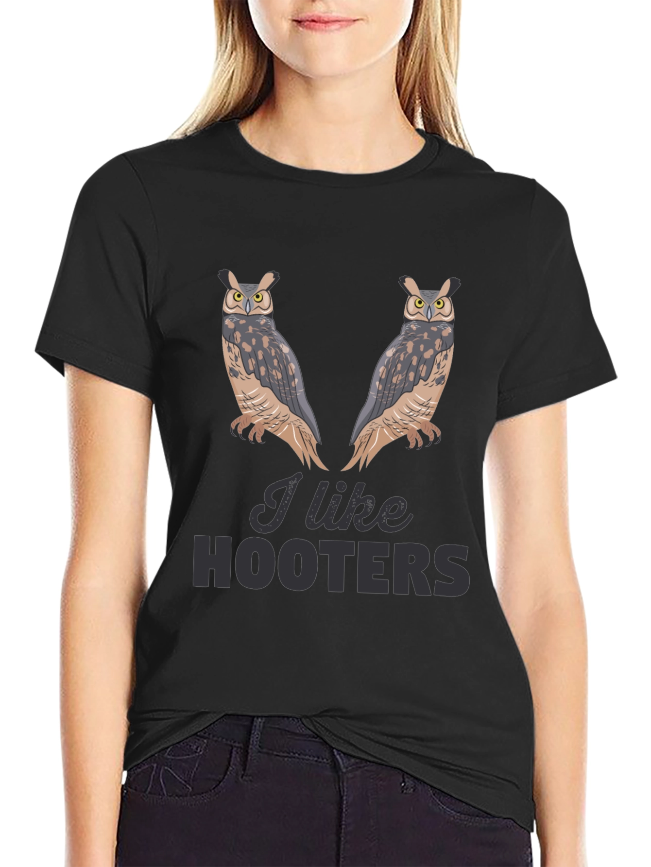 Black I Like Hooters Owl Graphic Black T-Shirt view 2