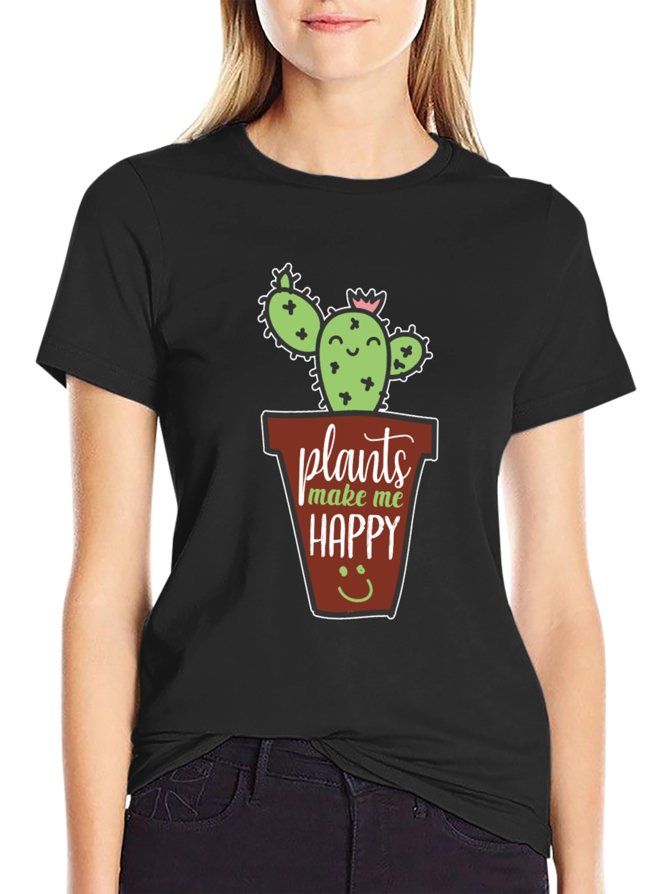 Black Plants Make Me Happy T-Shirt - Cute Cactus Tee view 2
