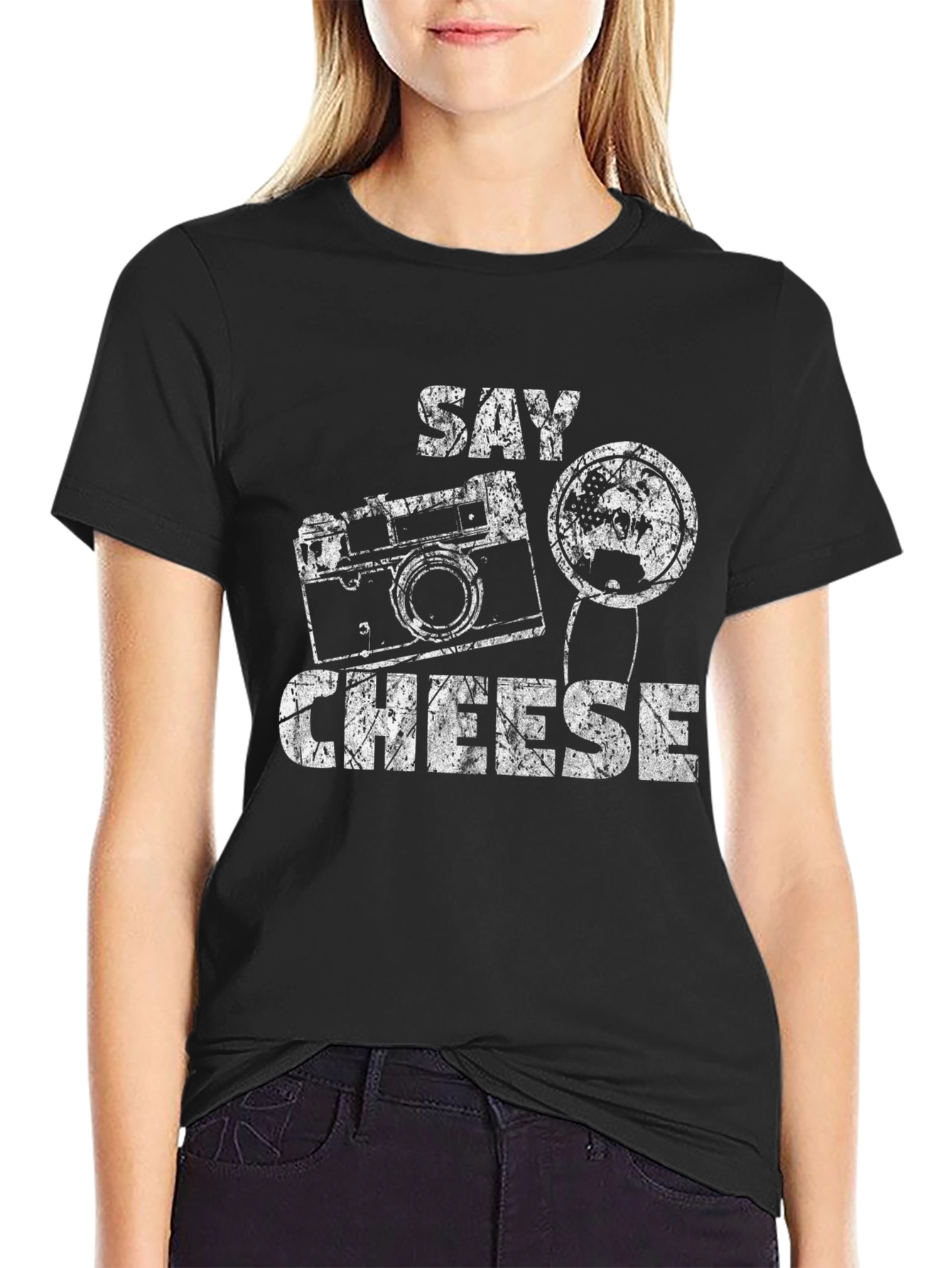Black Say Cheese Graphic Tee - Retro Camera Design view 2