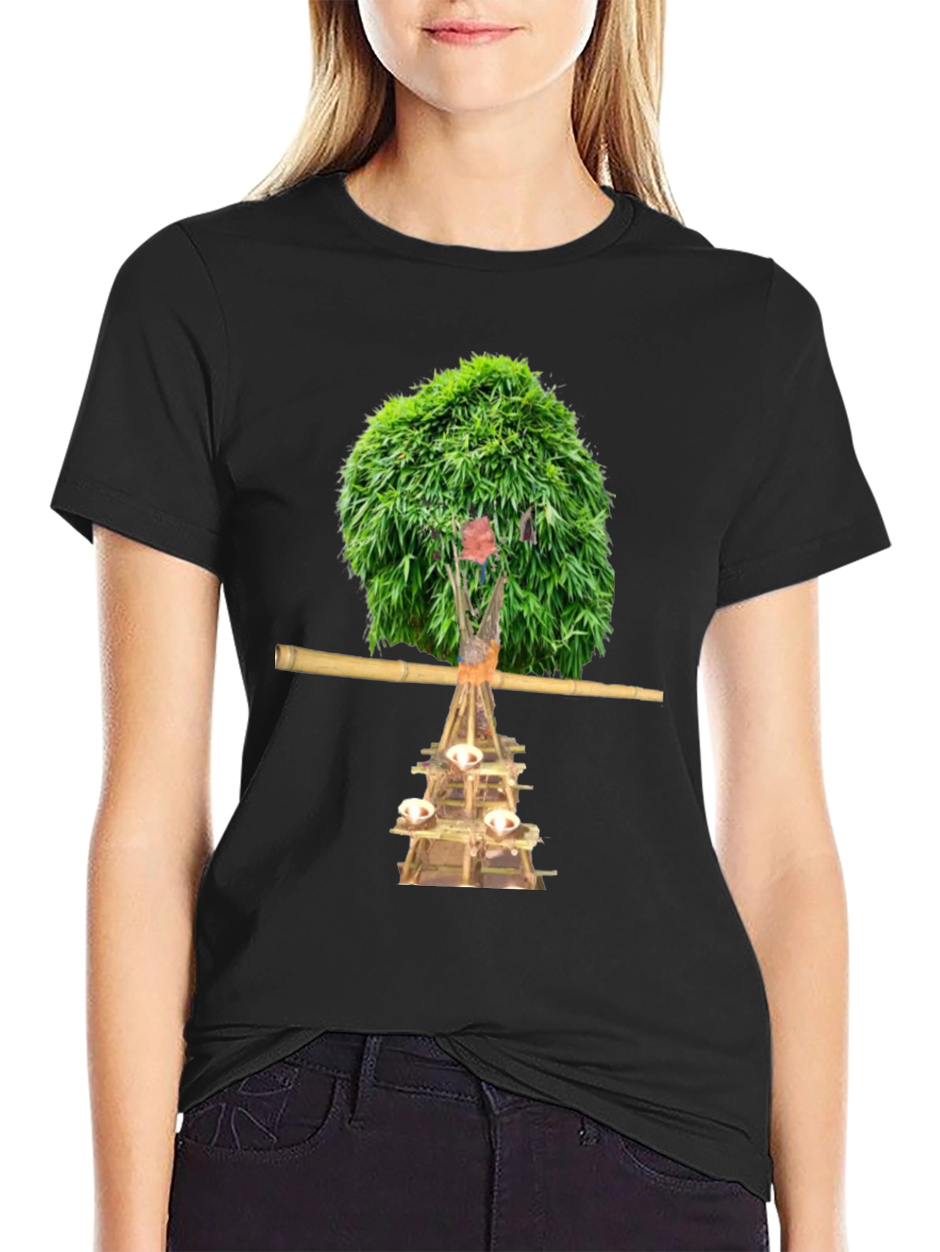 Black Unique T-Shirt with Nature-Inspired Graphic Print view 2