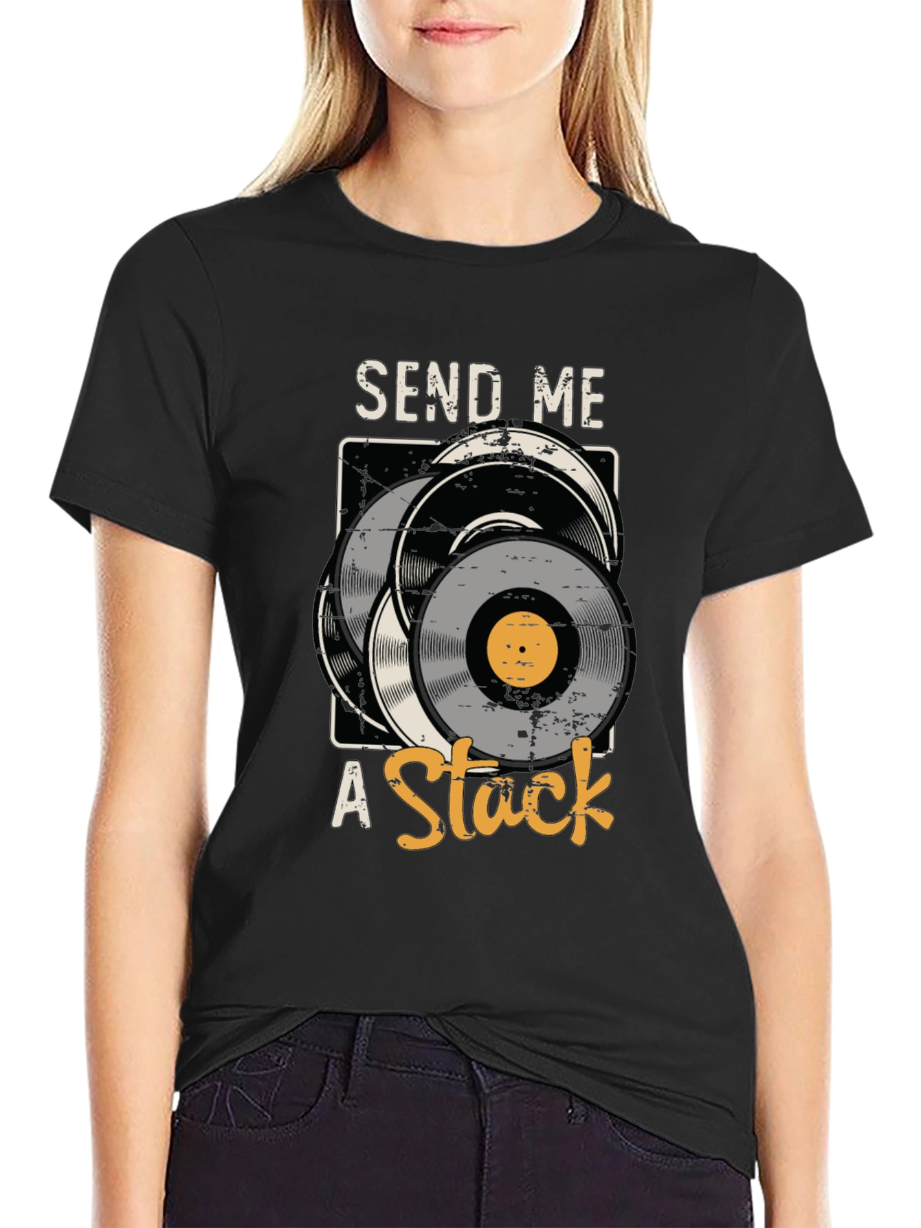 Black Send Me A Stack Vinyl Record Graphic Tee view 2