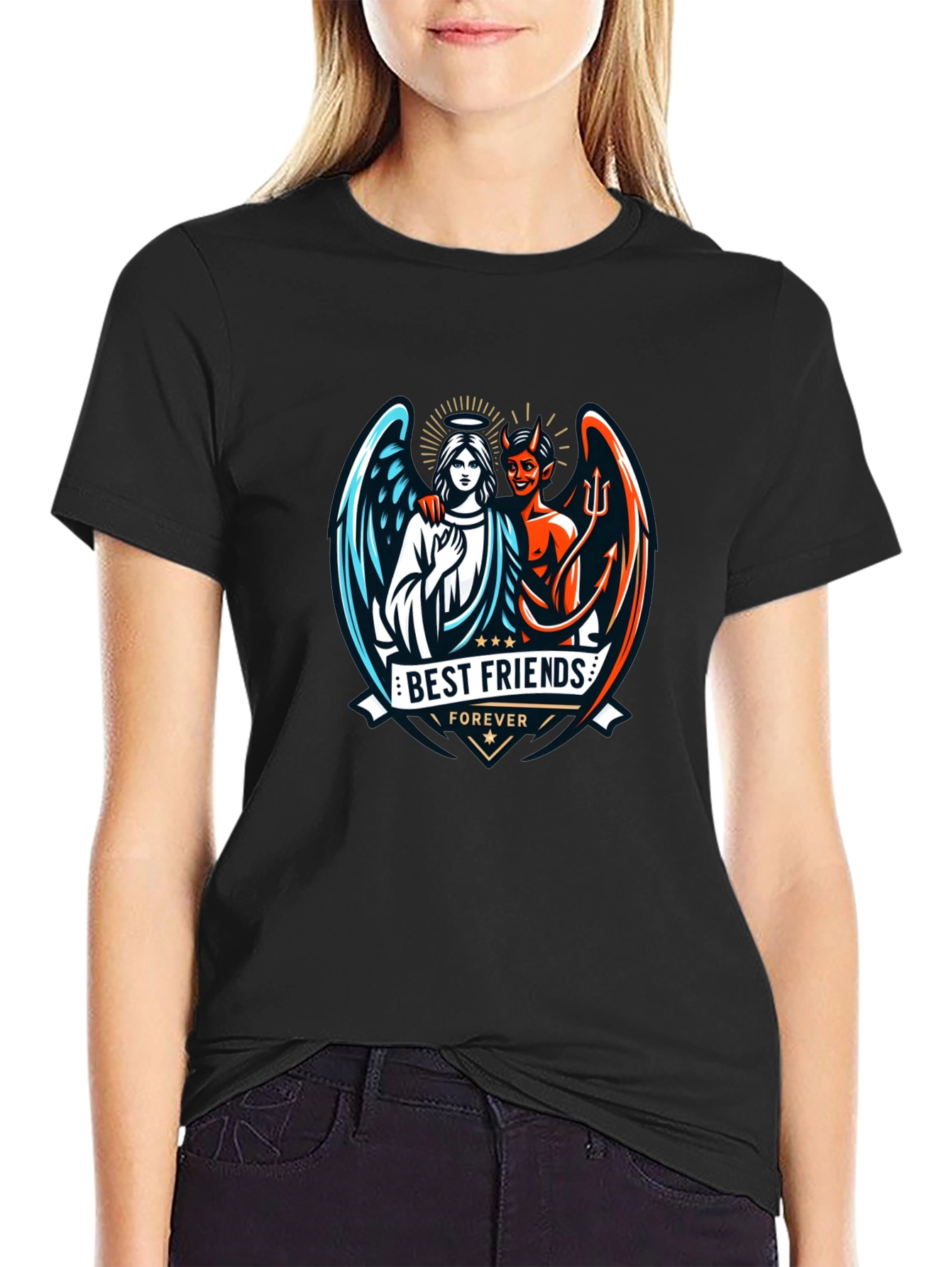 Black Best Friends Forever Graphic T-Shirt - Angel & Devil Design view 2