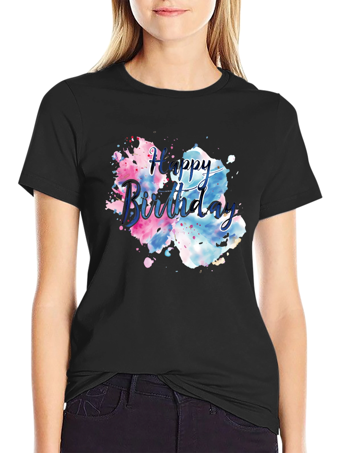 Black Happy Birthday Watercolor T-Shirt view 2