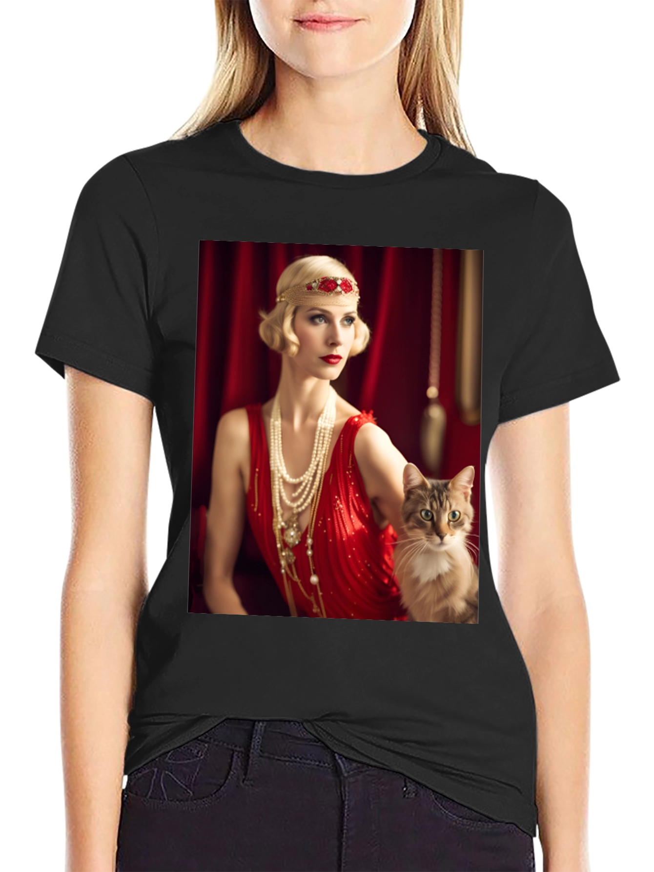 Black Retro Glam T-Shirt: Woman & Cat view 2