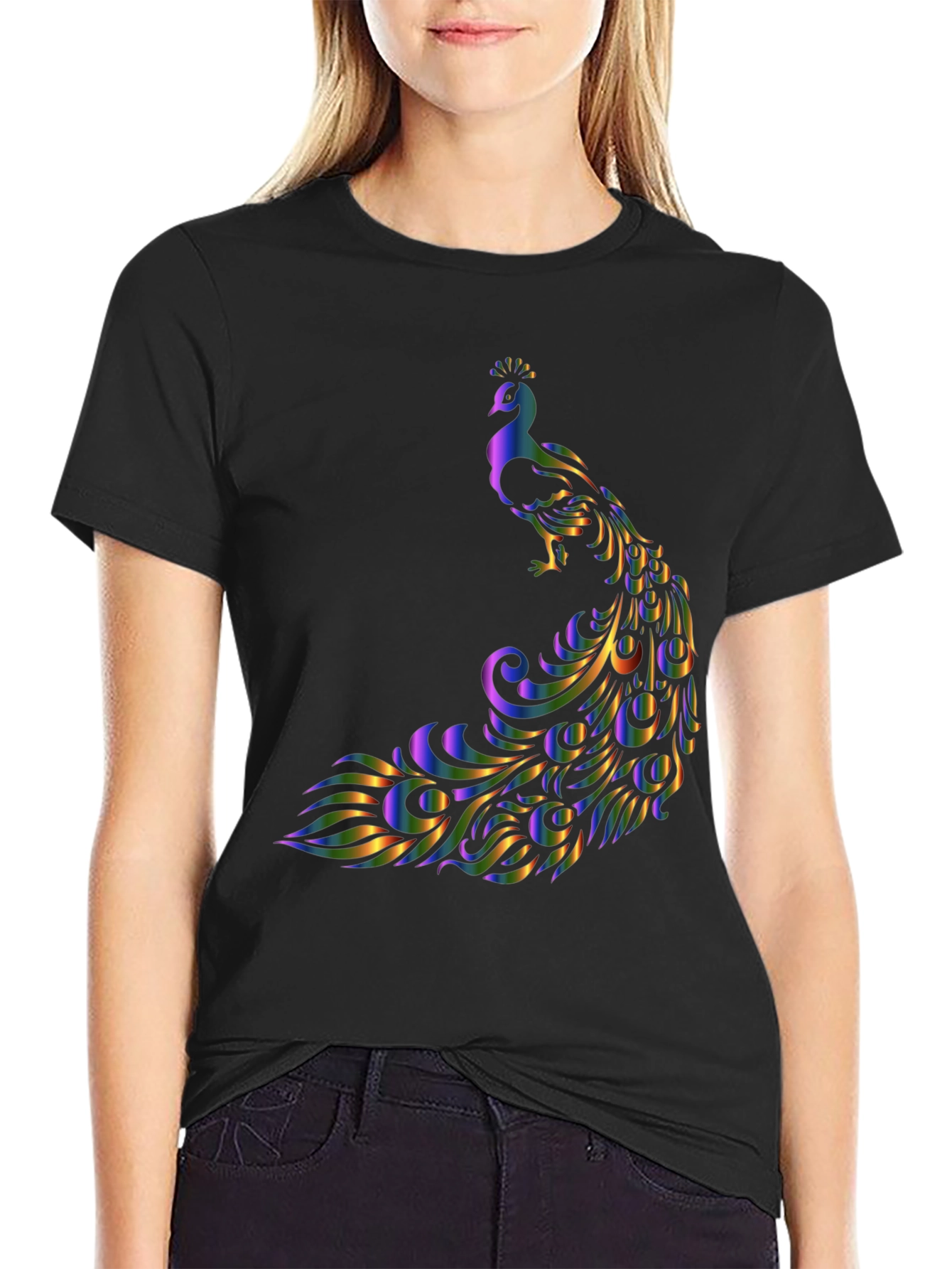 Black Peacock Graphic T-Shirt - Stylish and Eye-Catching Design view 2