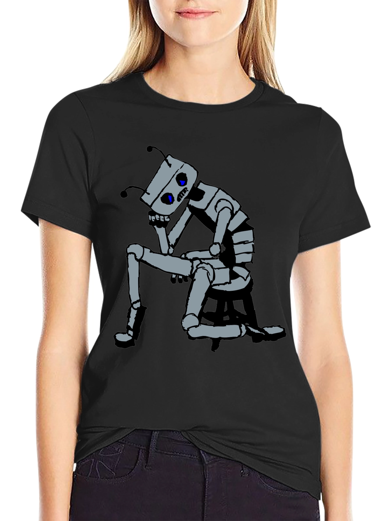 Black Robot Thoughtful Graphic Tee - Black Cotton view 2