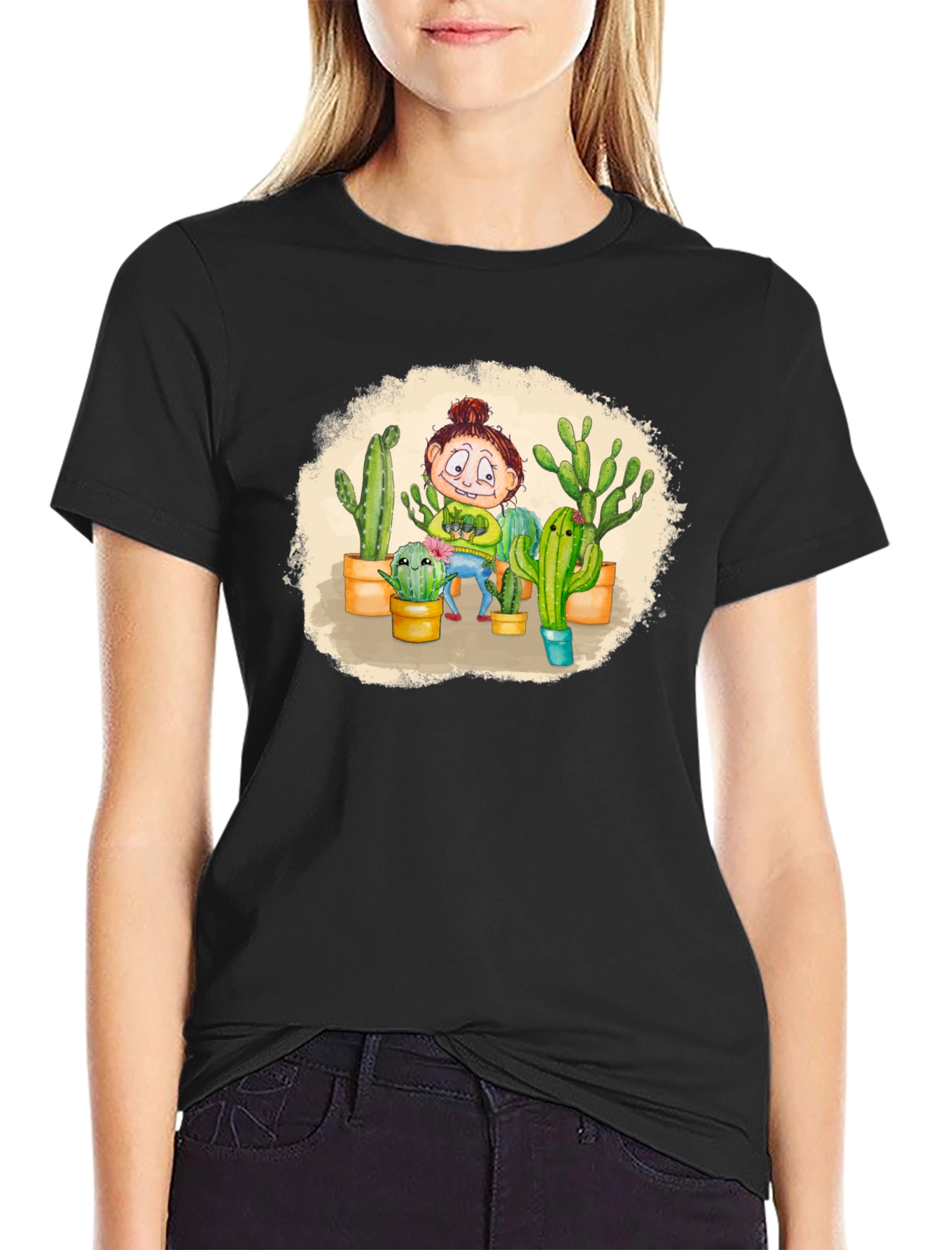 Black Cactus Lady T-Shirt - Black Cotton Graphic Tee view 2