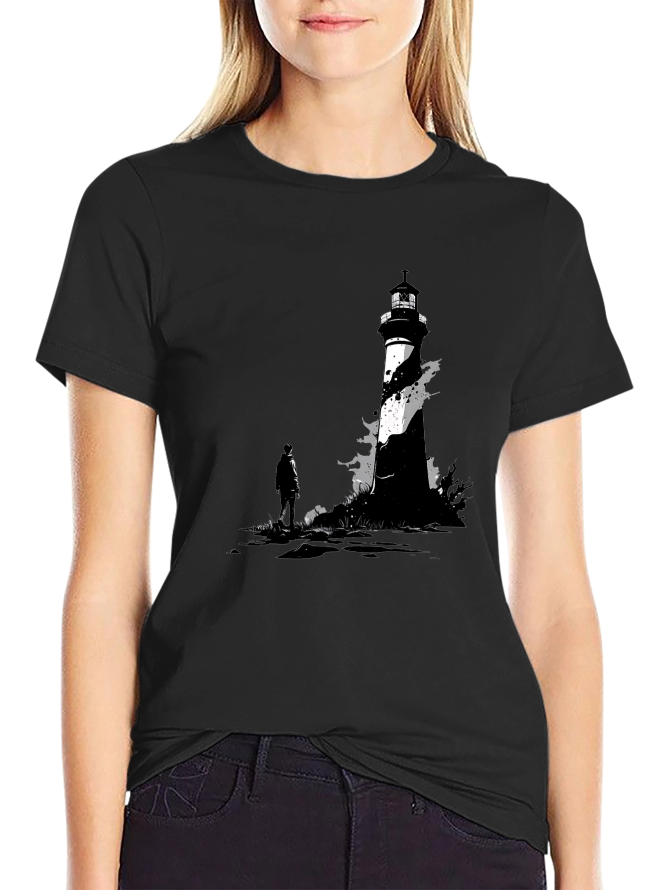 Black Lighthouse Graphic Tee - Coastal Style T-Shirt view 2