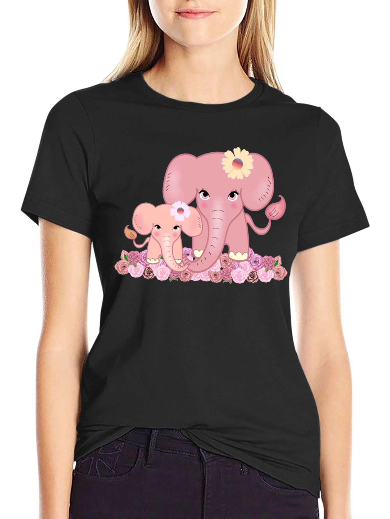 Black Cute Elephant Family Graphic Tee - Black T-Shirt view 2