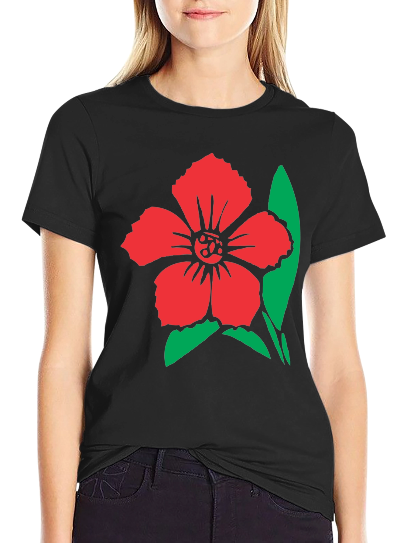 Black Floral Graphic Tee - Red Flower Design on Black Shirt view 2