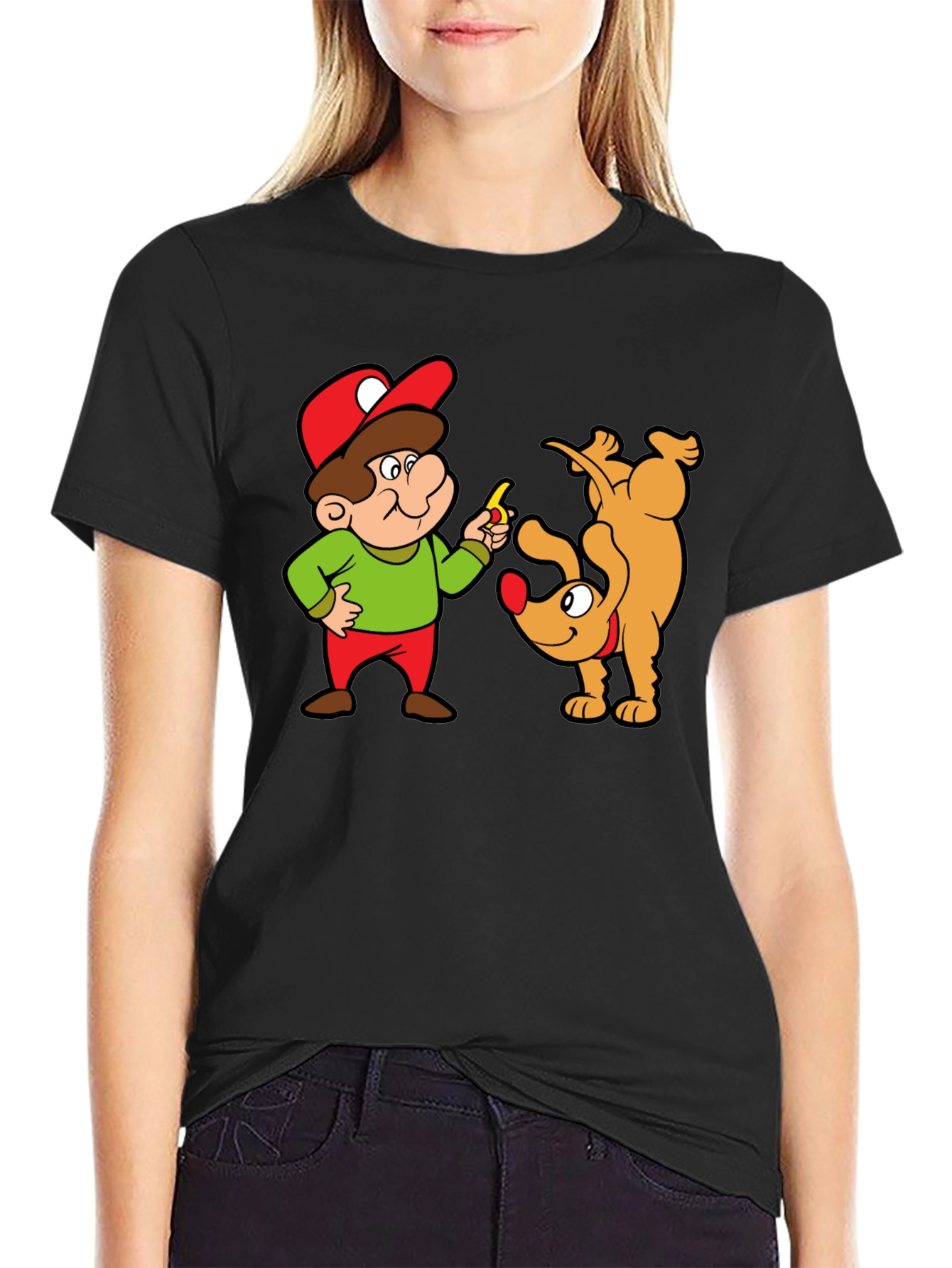 Black Cartoon Man & Dog Graphic Black T-Shirt view 2