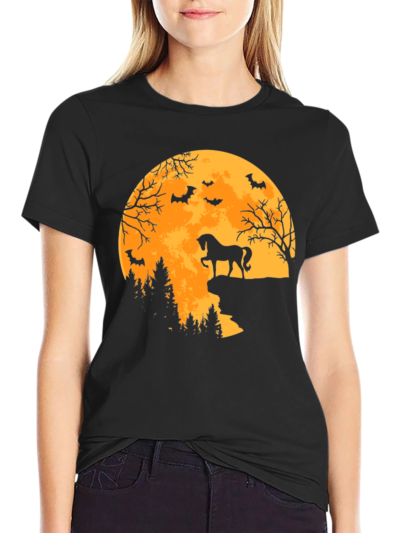 Black Halloween Horse Moon T-Shirt view 2