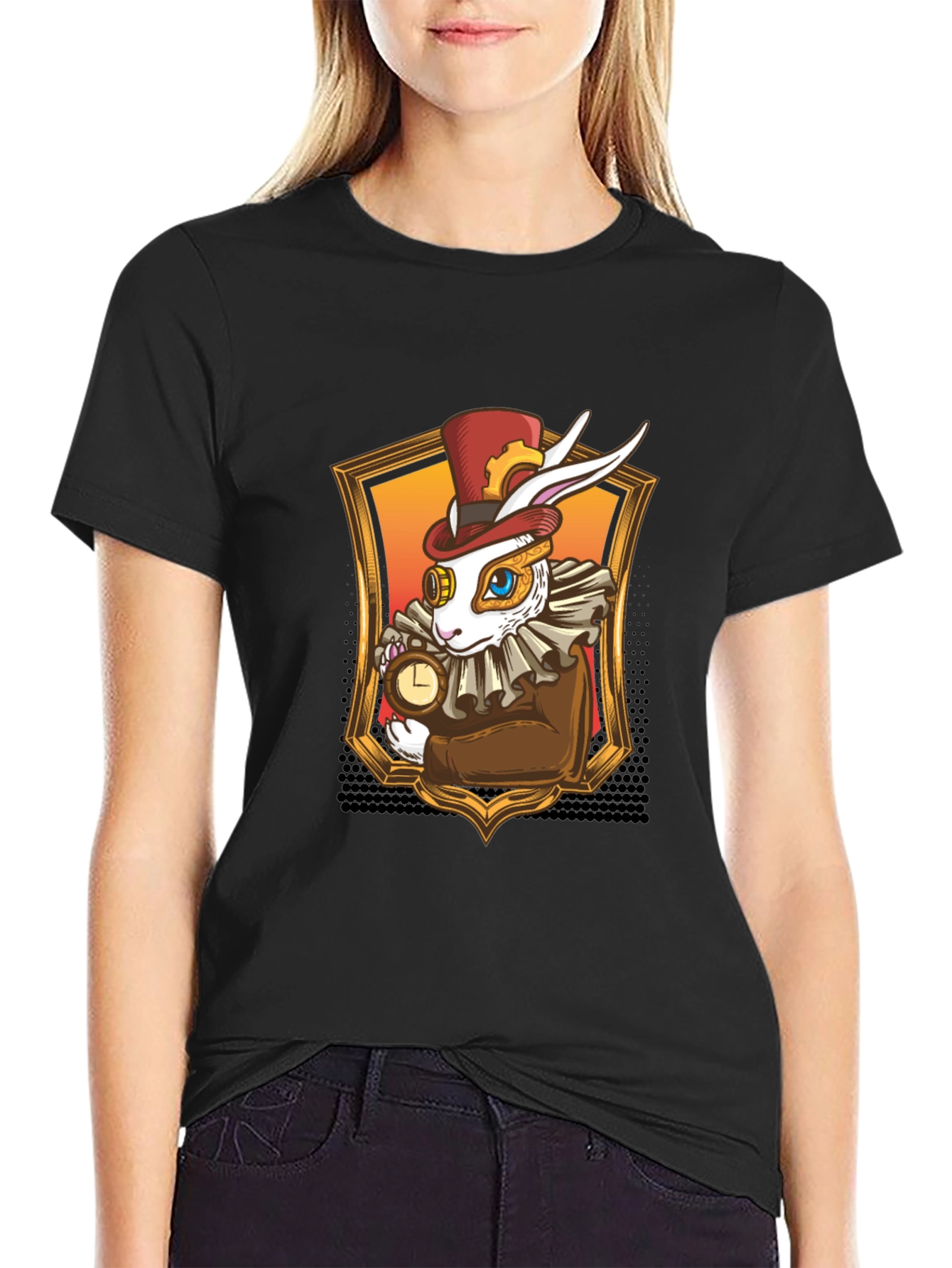 Black Steampunk Rabbit T-Shirt - Whimsical Design view 2