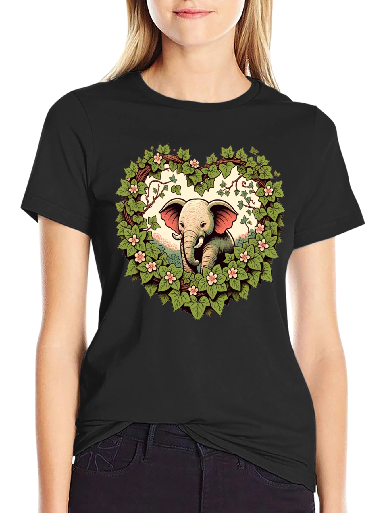 Black Elephant Love Tee - Heart Wreath Design view 2