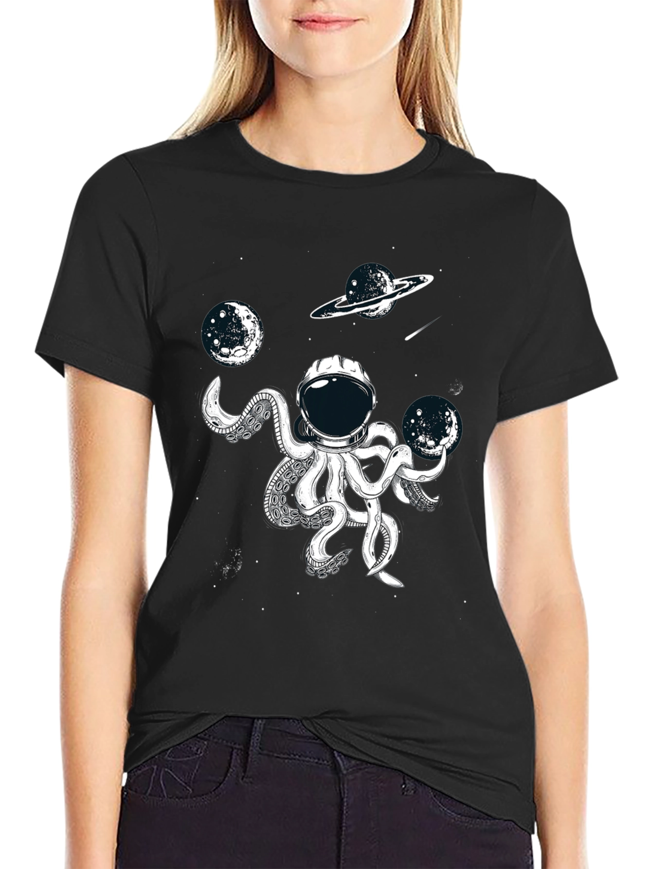 Black Cosmic Octopus Astronaut T-Shirt - Space Adventure Tee view 2
