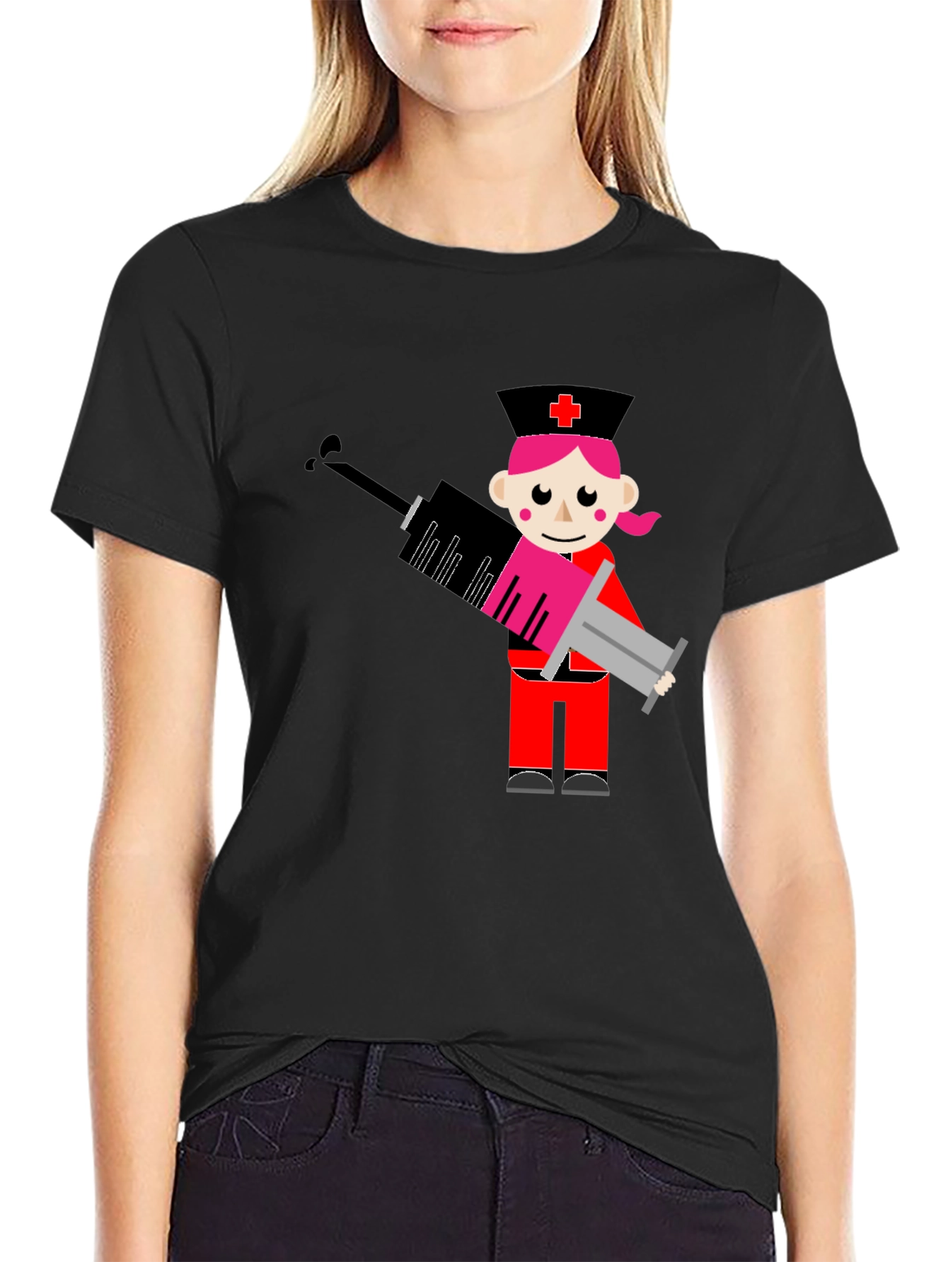 Black Cartoon Nurse Syringe Graphic T-Shirt - Black Cotton Tee view 2