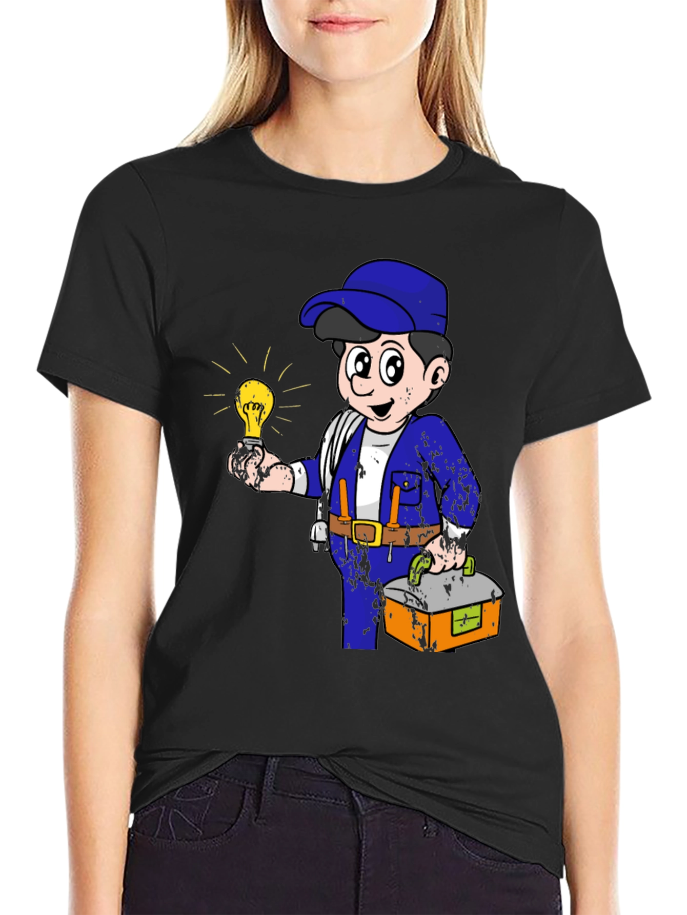 Black Electrician Cartoon Graphic T-Shirt view 2