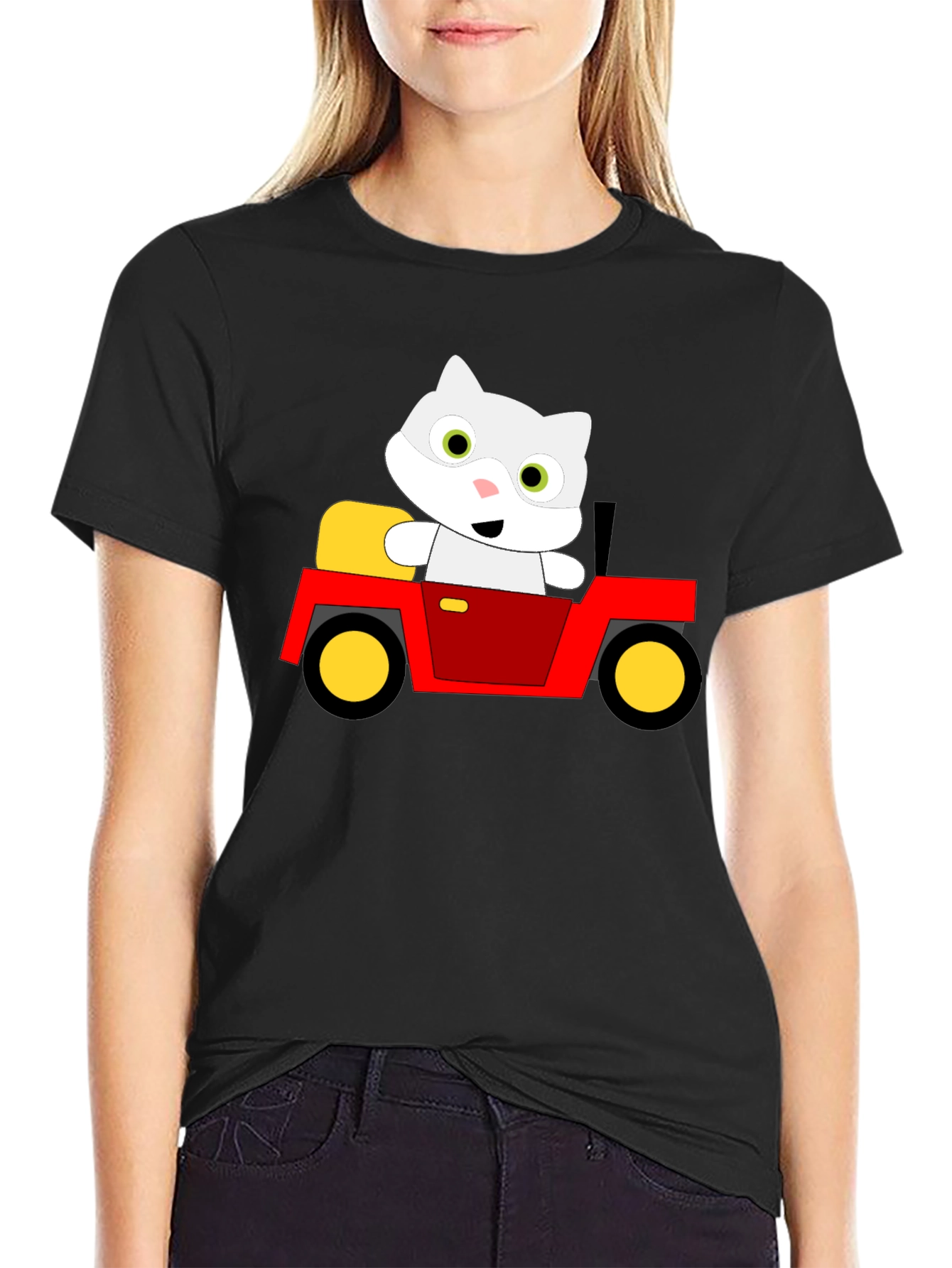 Black Cute Cartoon Cat in Car Graphic T-Shirt view 2