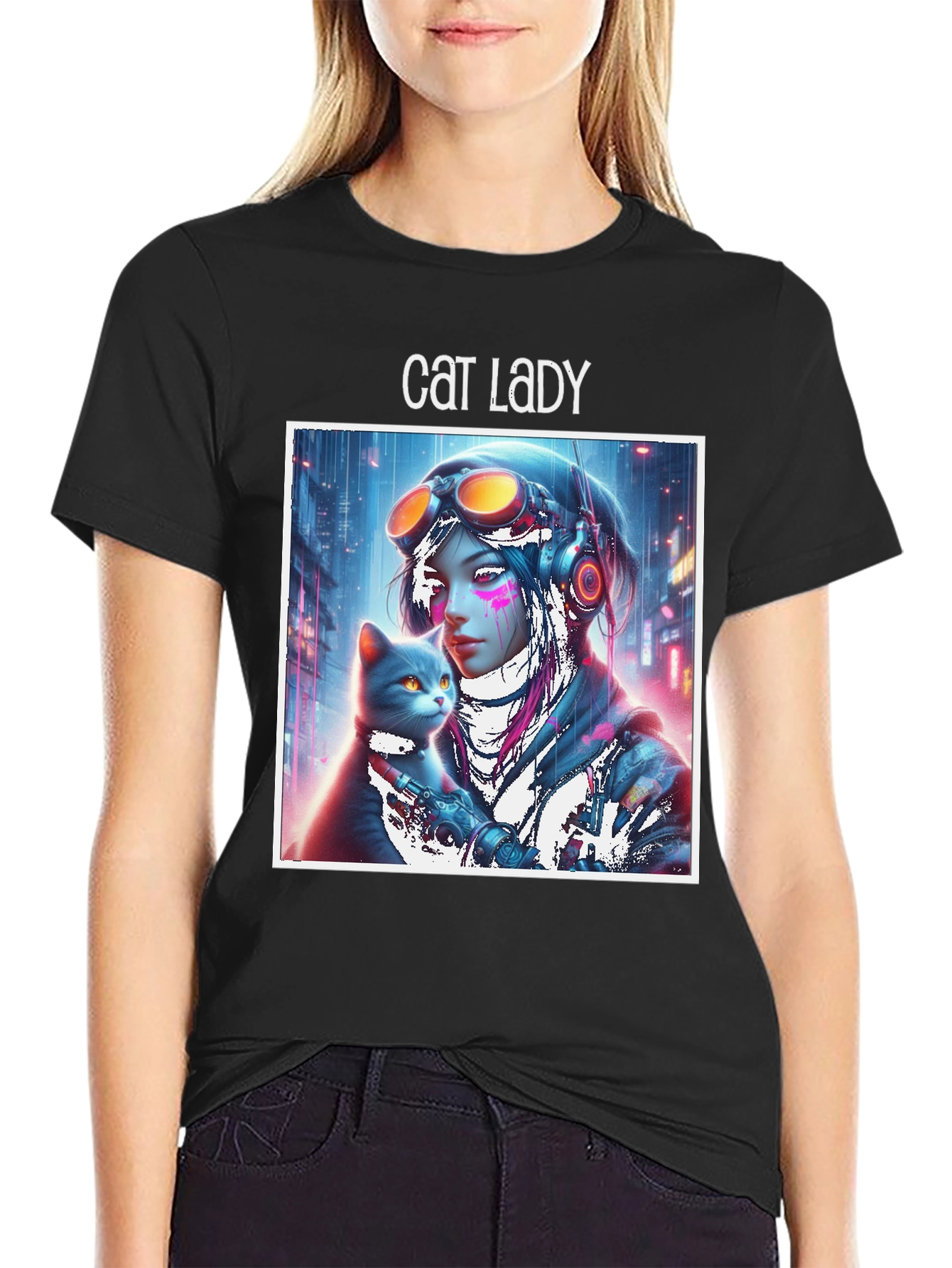 Black Cat Lady Graphic Tee - Sci-Fi Style, Soft Cotton view 2