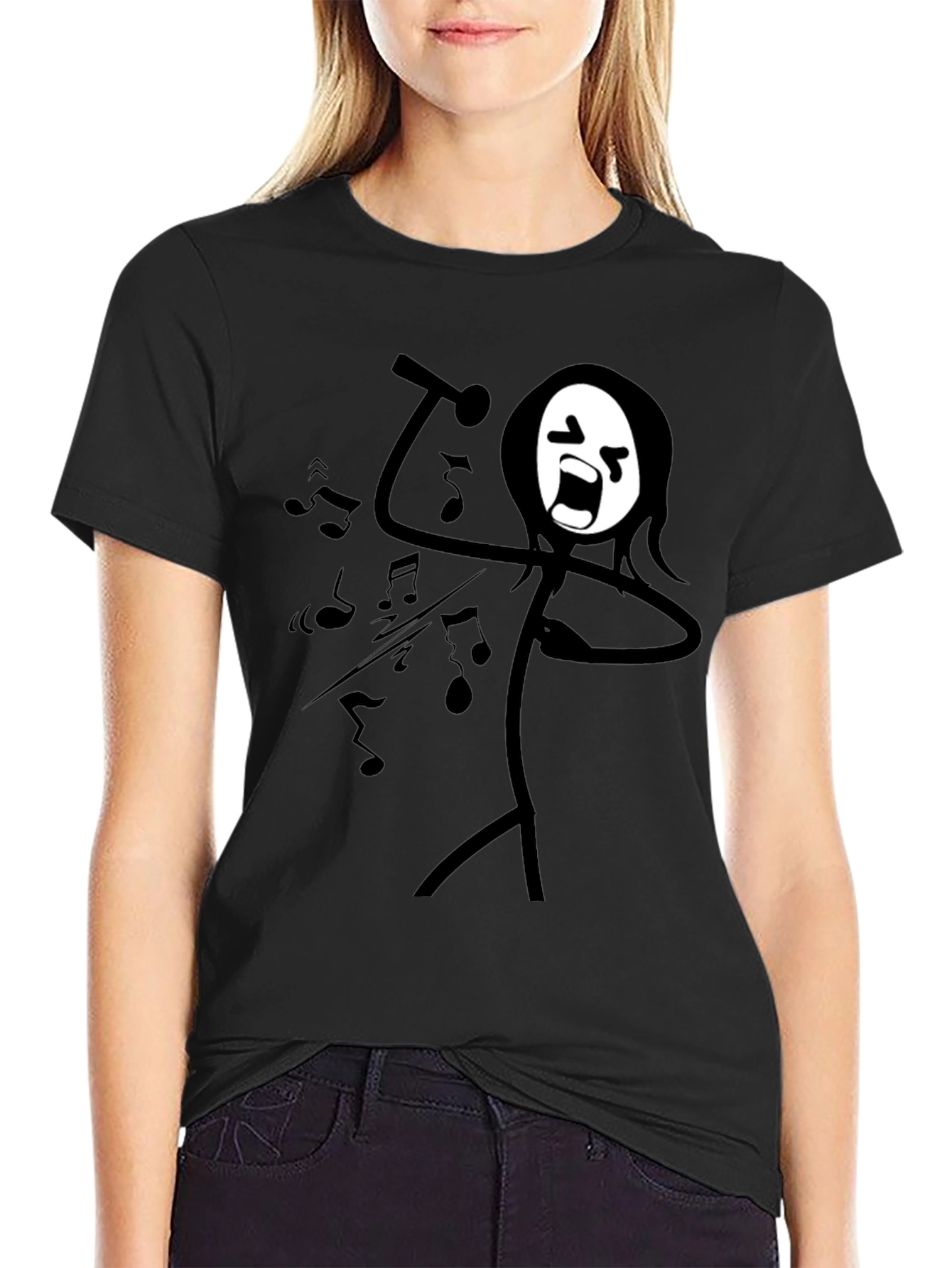 Black Singing Stick Figure Graphic Tee - Black Cotton view 2