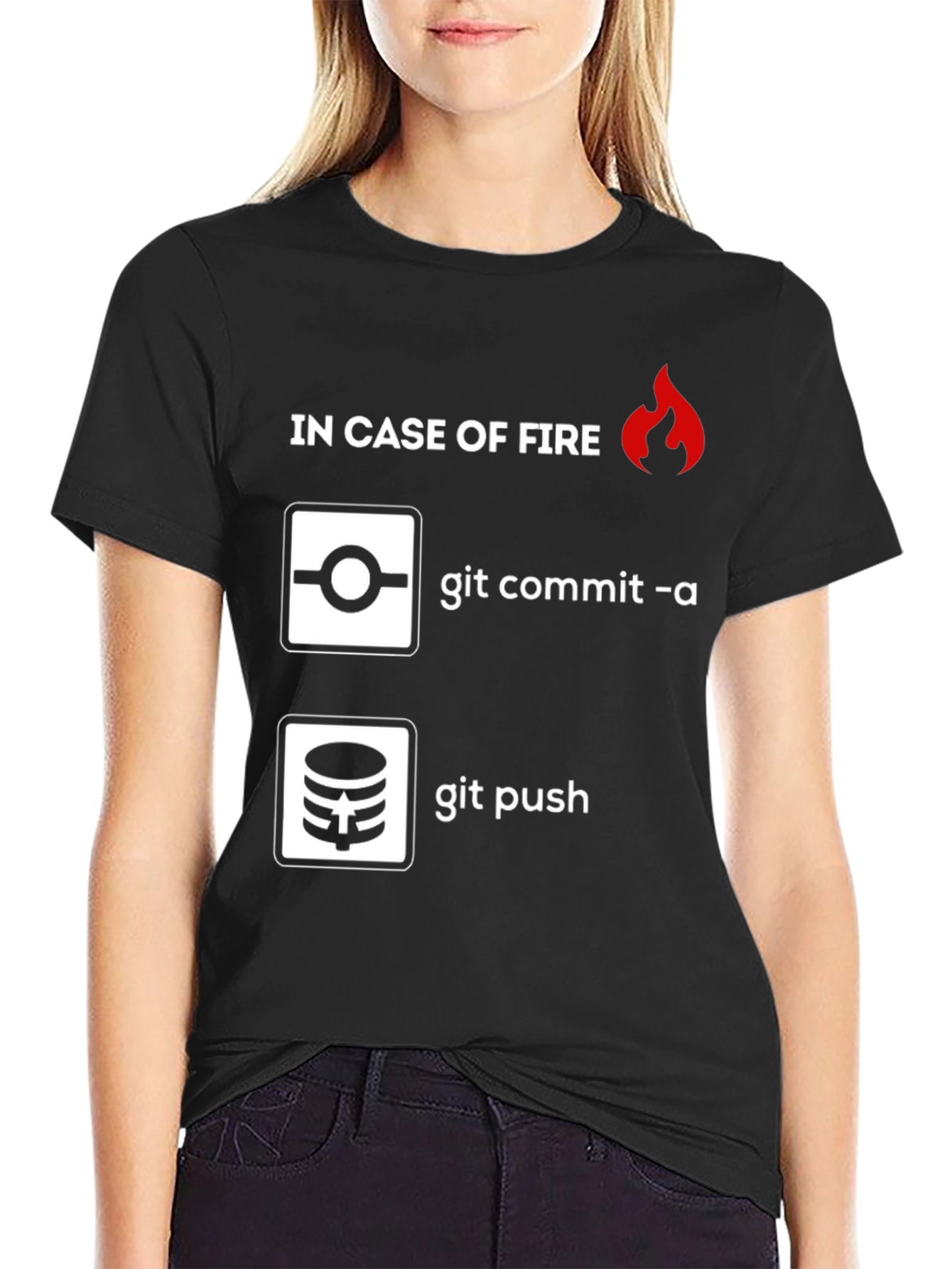 Black Funny Programmer T-Shirt: In Case of Fire Git Commit & Push view 2