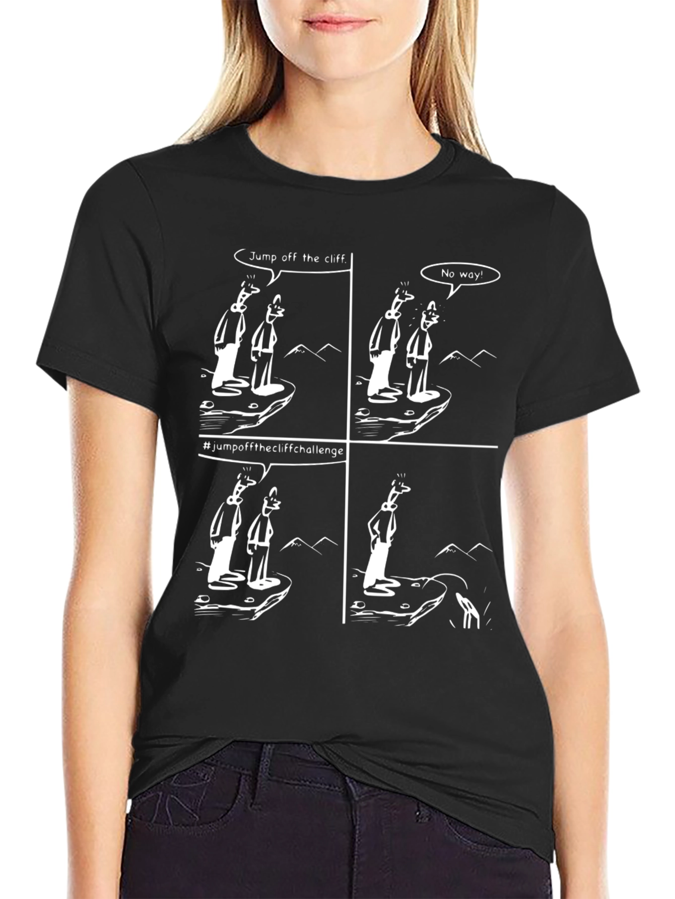 Black Humorous Cartoon T-Shirt - Cliff Challenge Design view 2