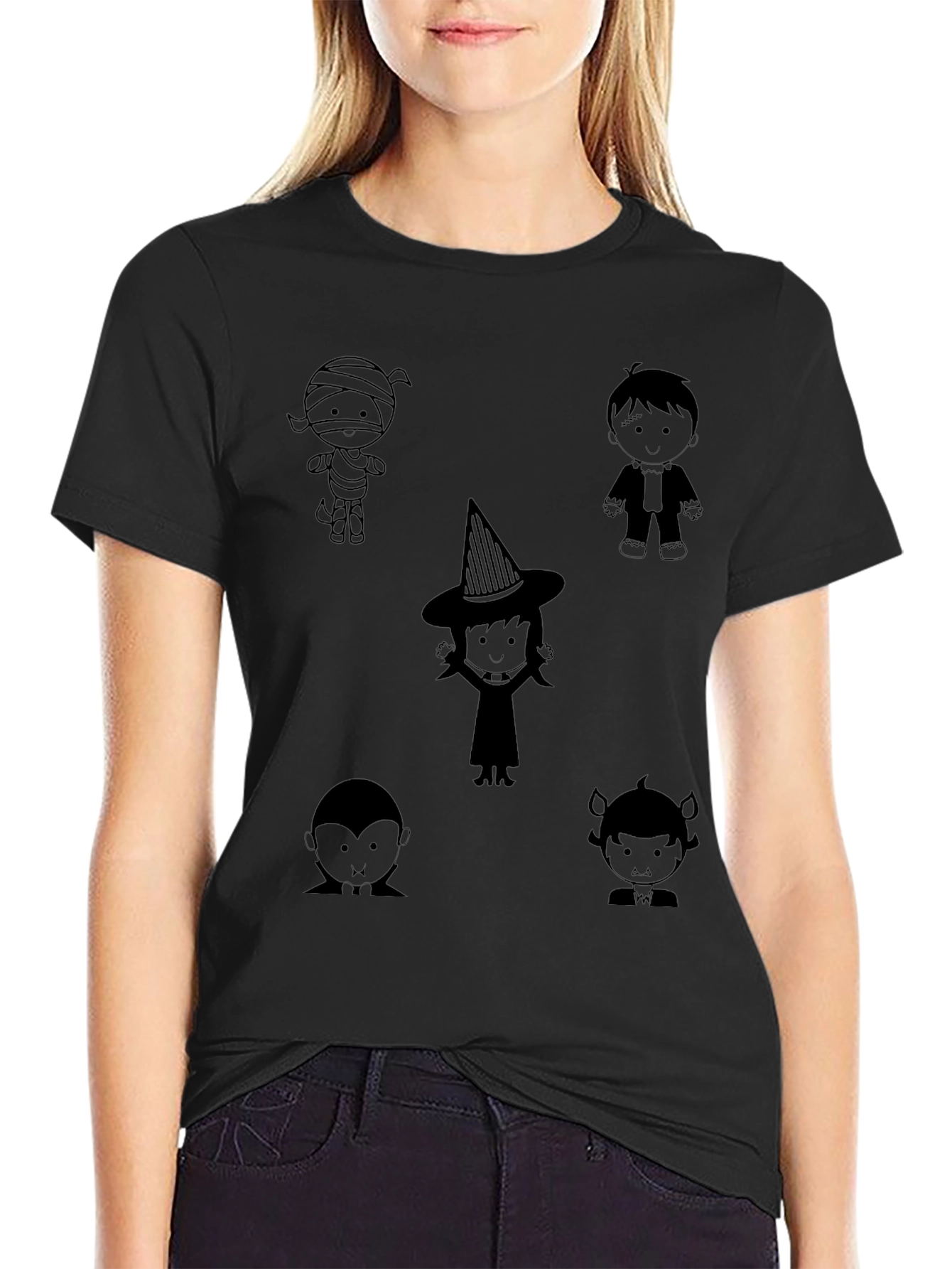 Black Halloween Cartoon Character Print Black T-Shirt view 2