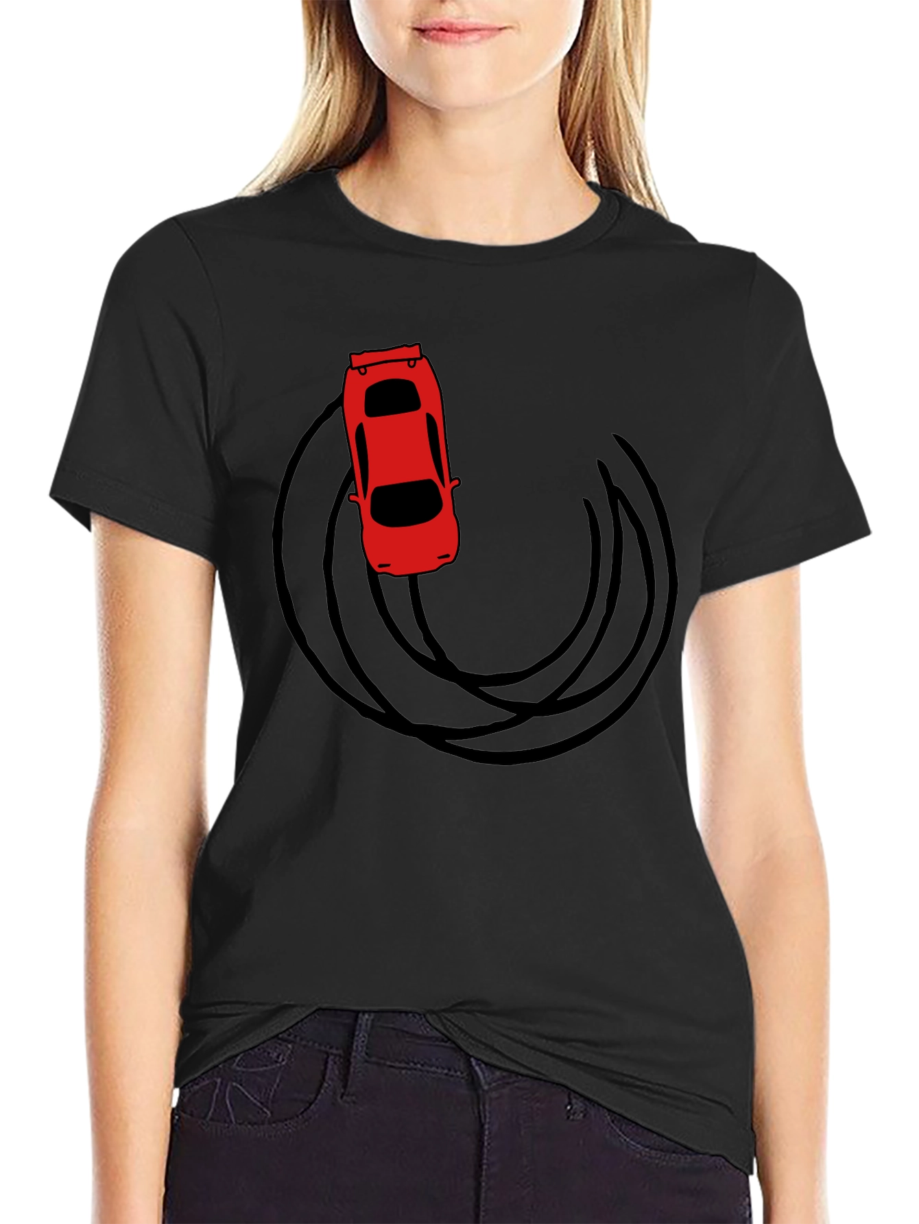Black Red Car Drift Graphic T-Shirt - Black Cotton Tee view 2