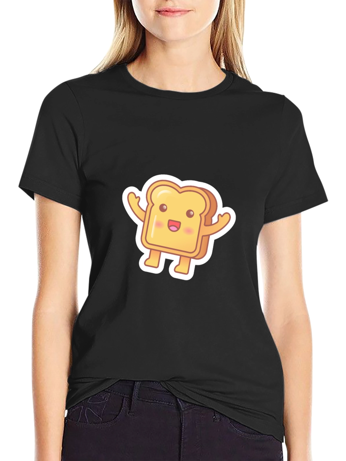 Black Cute Toast Cartoon Black T-Shirt view 2