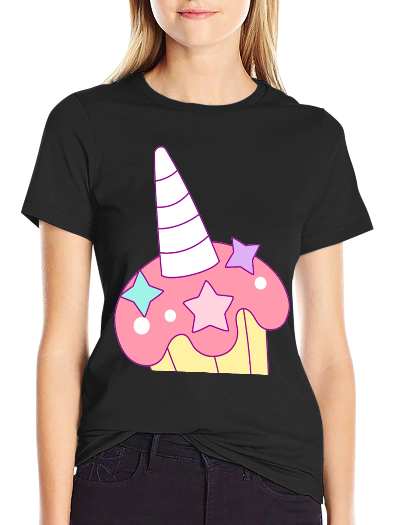 Black Unicorn Cupcake Graphic Tee - Whimsical Black T-Shirt view 2