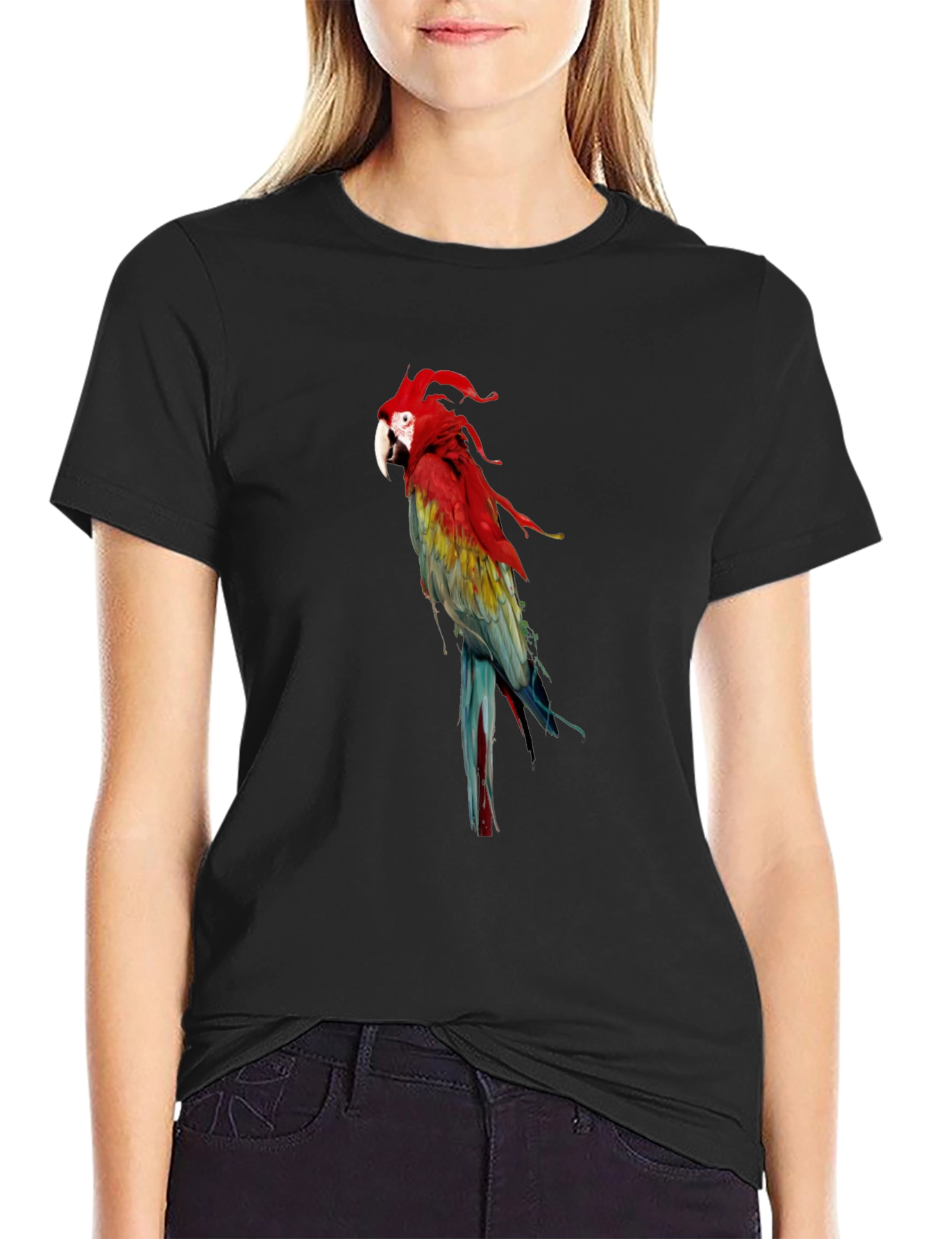 Black Parrot Graphic Tee - Vivid Bird Print T-Shirt view 2