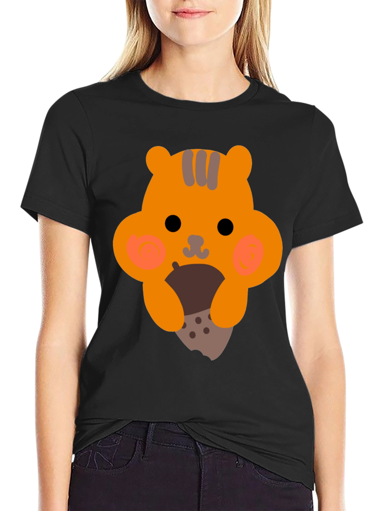 Black Cute Cartoon Squirrel Eating Nut Graphic T-Shirt view 2