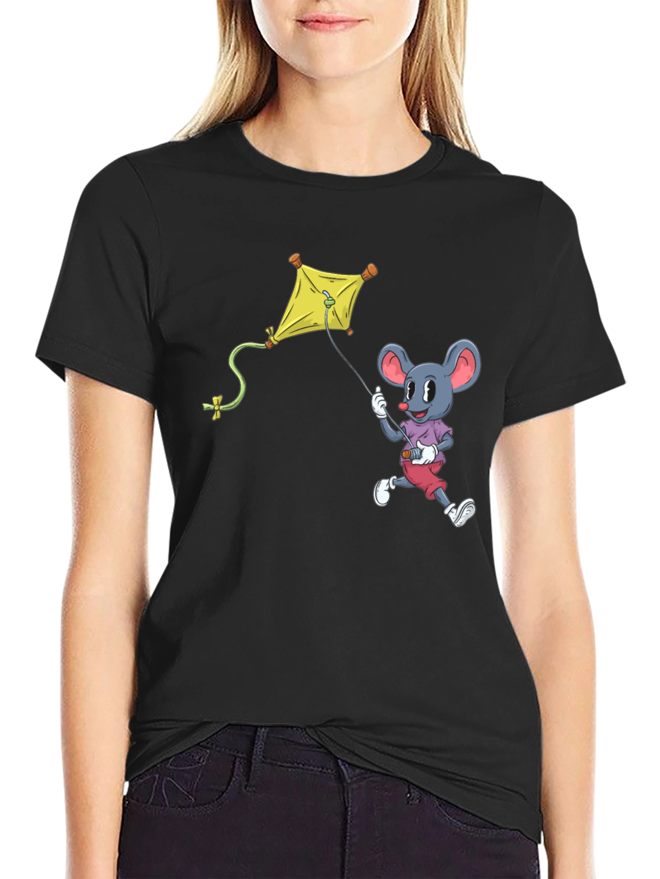 Black Mouse Kite T-Shirt - Cartoon Graphic Tee view 2