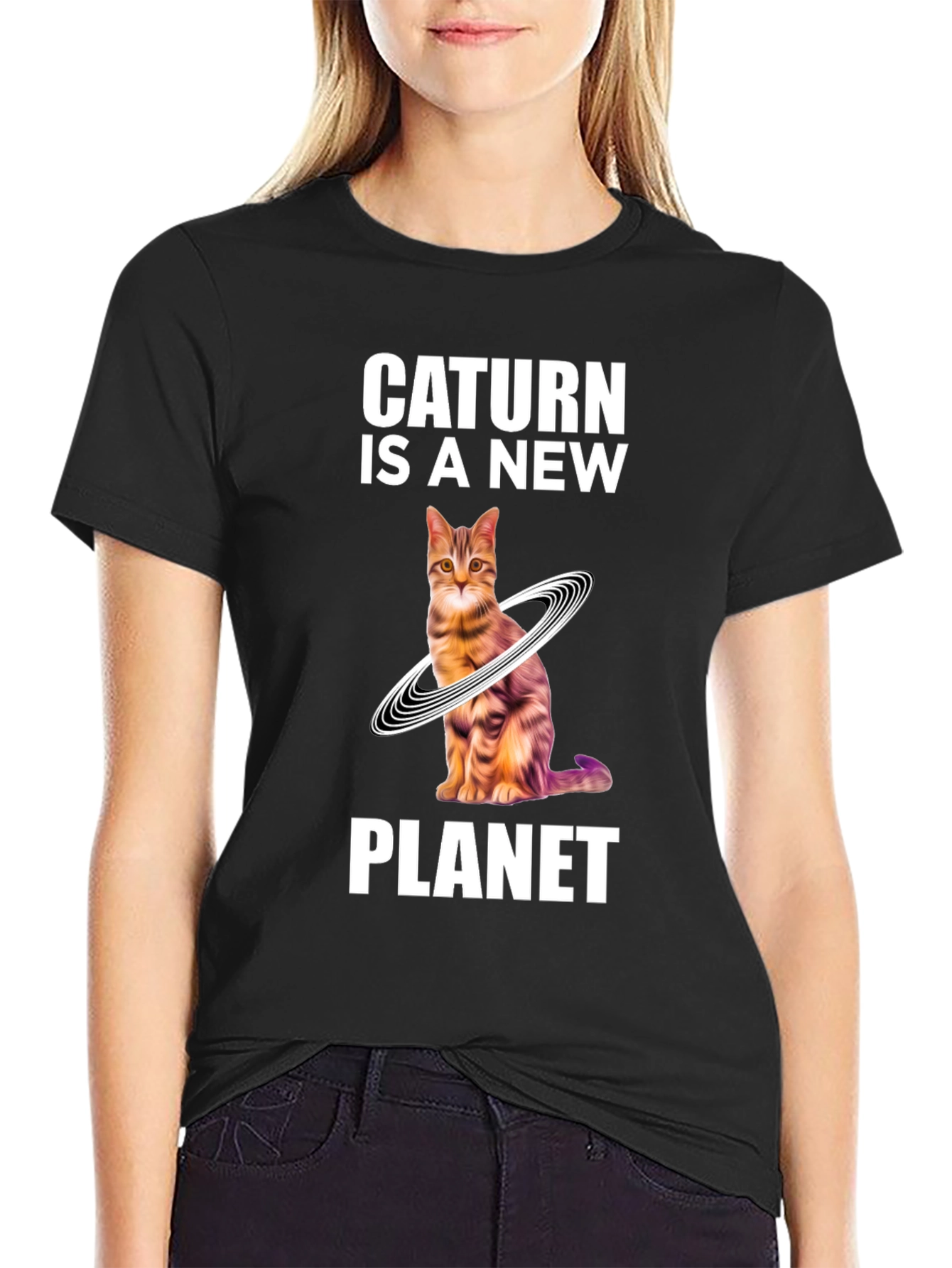 Black Caturn is a New Planet T-Shirt - Novelty Space Cat Tee view 2
