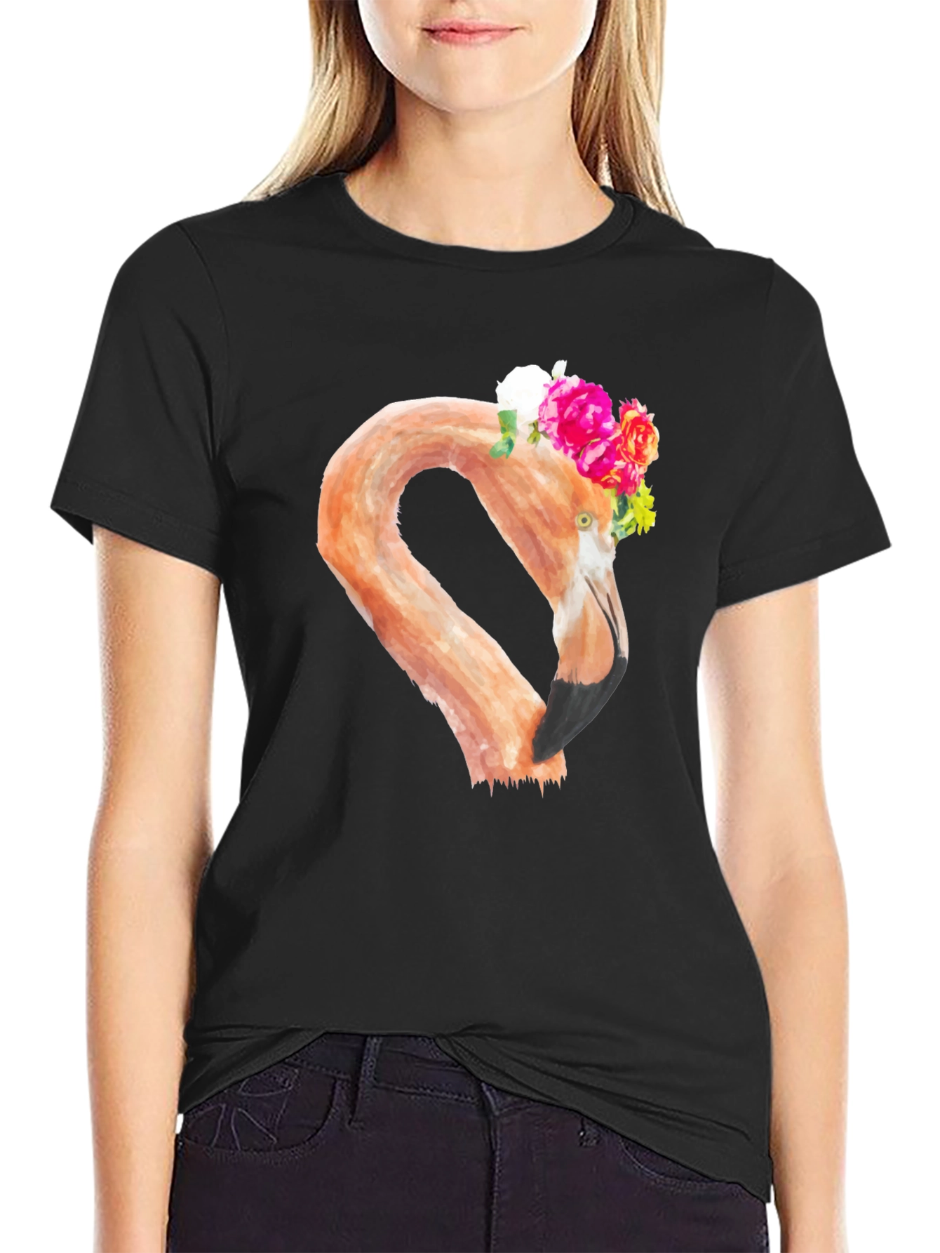 Black Floral Flamingo Graphic Tee - Black T-Shirt view 2