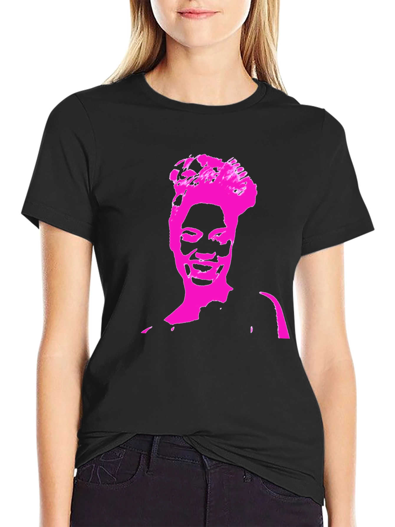 Black Stylish Black T-Shirt with Pink Portrait Graphic view 2