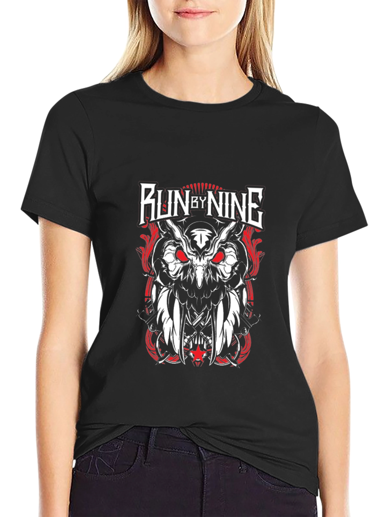 Black Run By Nine Graphic Tee - Owl Design Black T-Shirt view 2