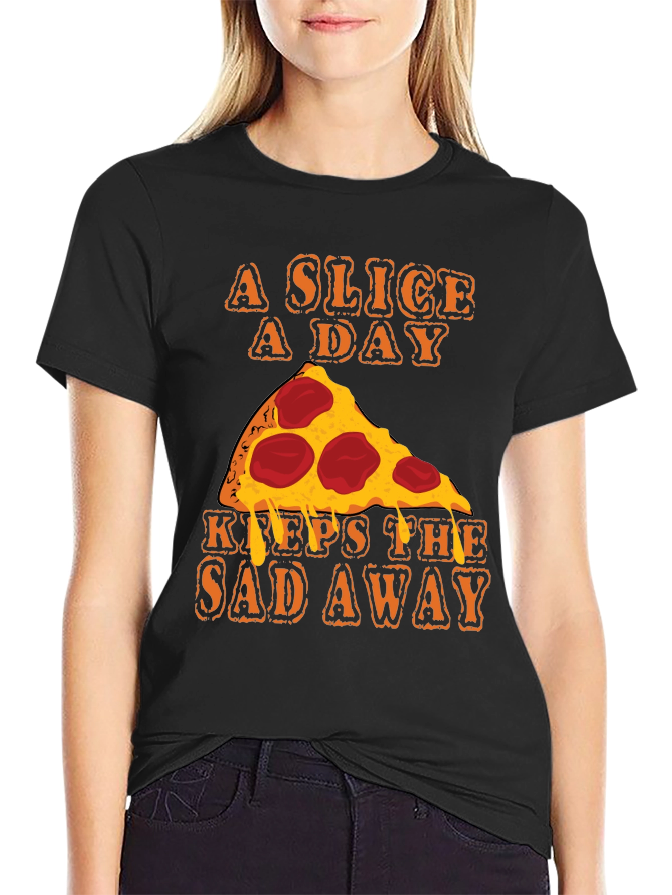 Black Pizza Slice A Day Funny T-Shirt view 2