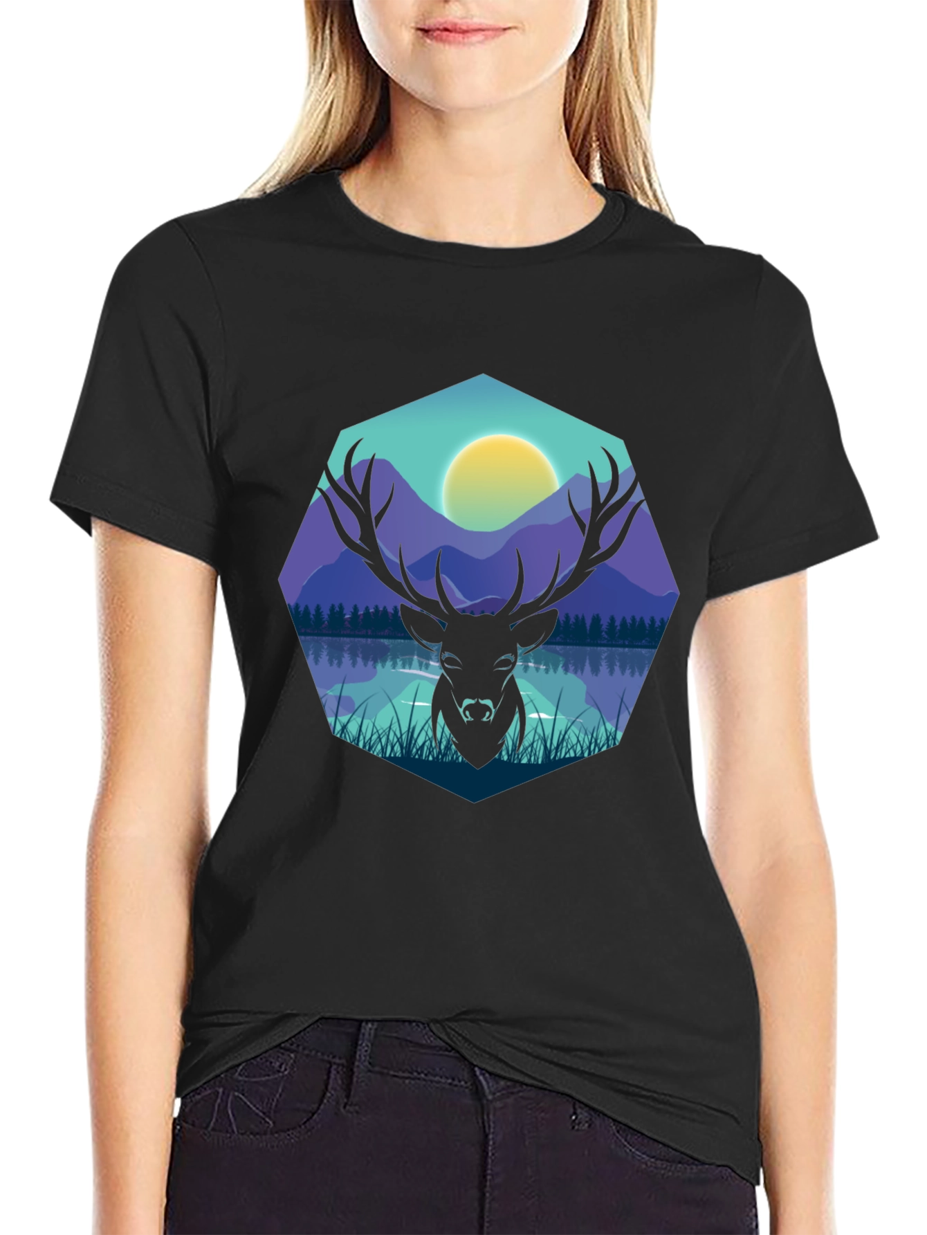 Black Deer Silhouette Graphic Tee - Men's Black T-Shirt view 2