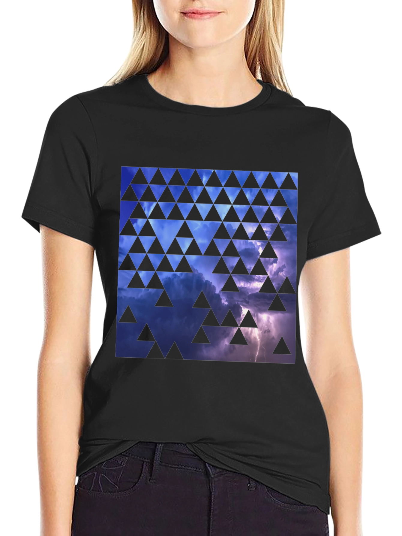 Black Stormy Sky Triangle Pattern Black T-Shirt view 2
